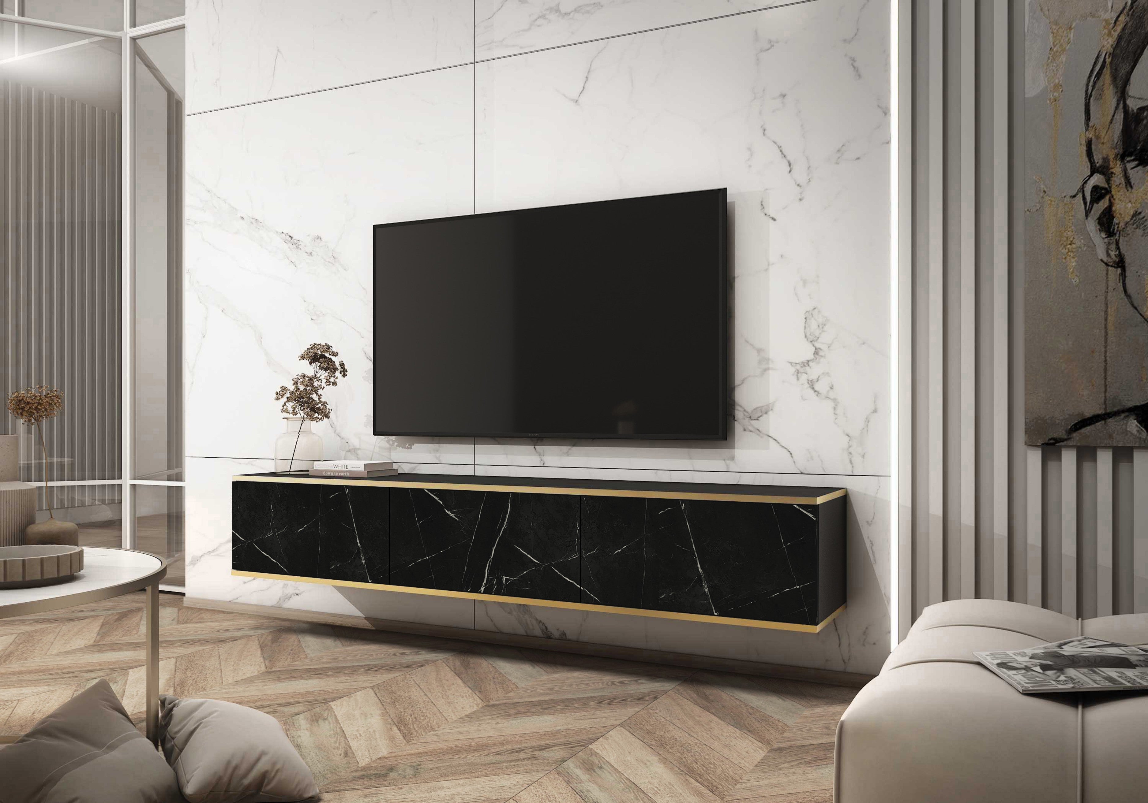 Szafka RTV, matowa czerń / Royal Black Marble, 175 x 30 x 32 cm, otwierany na naciśnięcie - 2