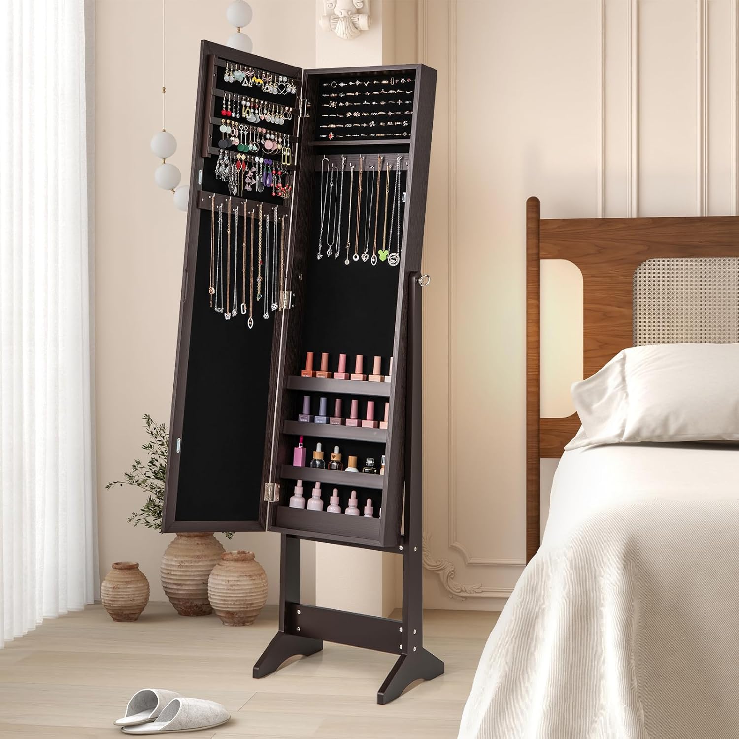 Armoire à Bijoux sur Pied avec Miroir Inclinable en 3 Positions, Armoire de Rangement Cosmétiques de Grande Capacité avec 4 Étagères(Marron) - 2