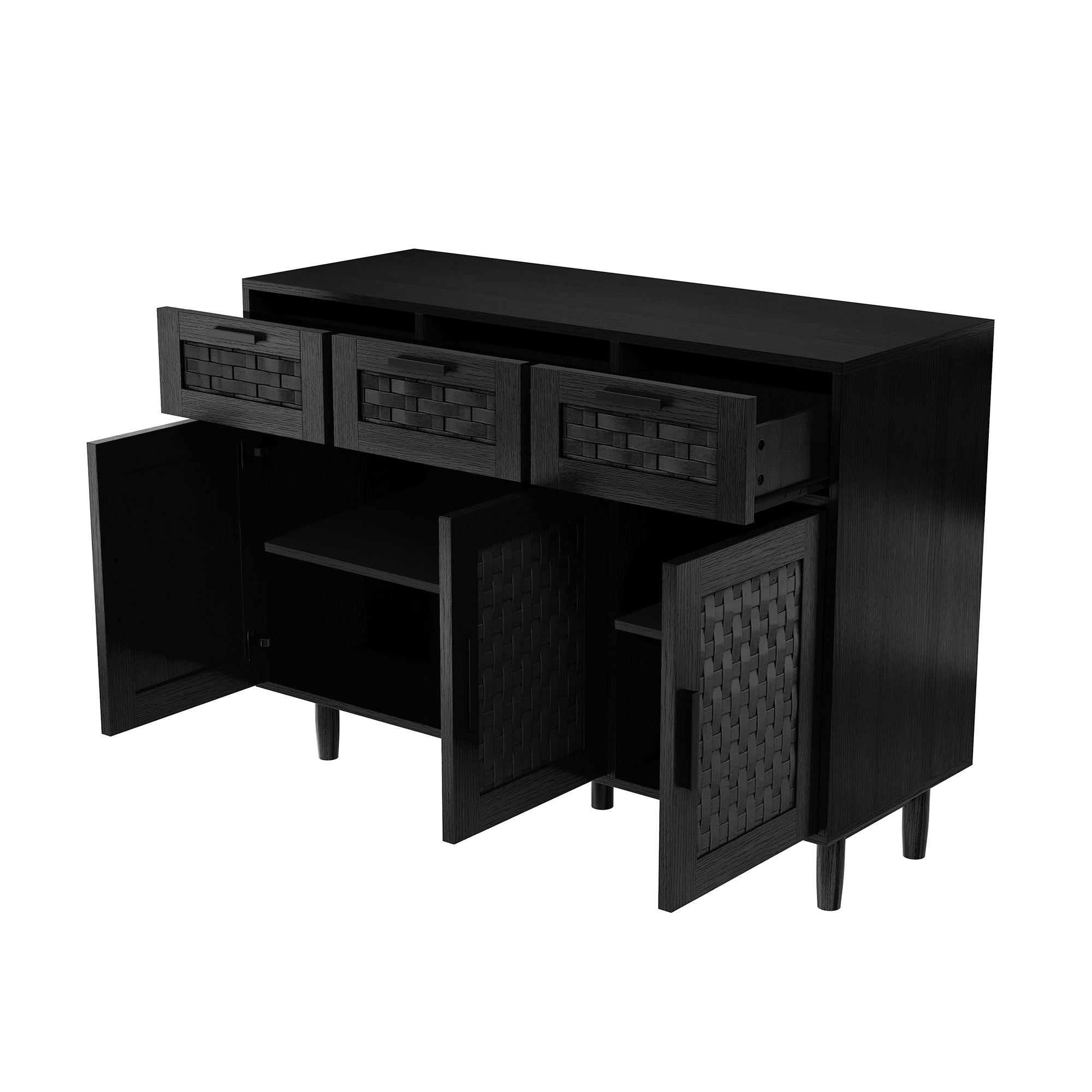 Buffet, meuble de rangement en bois noir, avec 3 portes et 3 tiroirs, meuble de rangement pour le salon, portes à motif tressé - 11