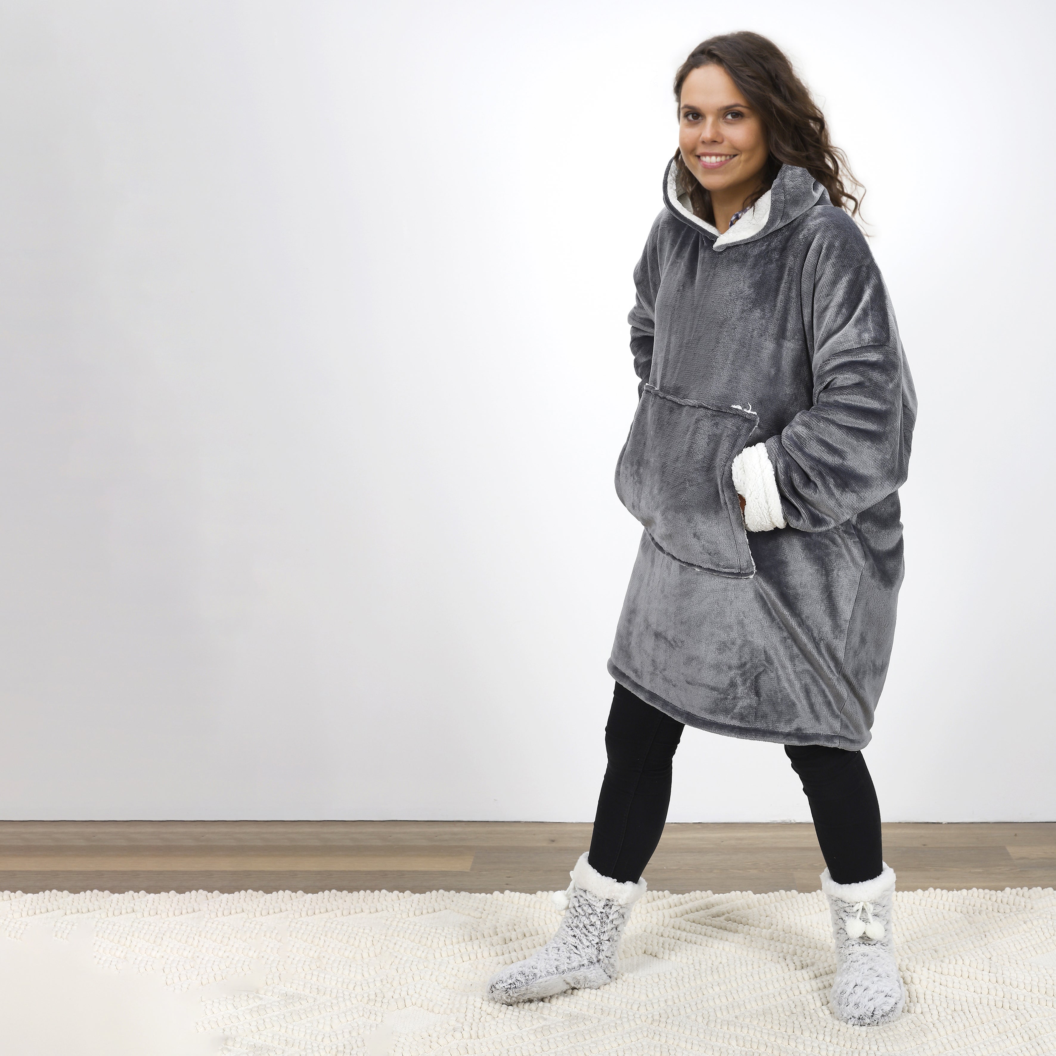 Sweat à Capuche - Home Deco Factory - Sherpa - Gris - 3