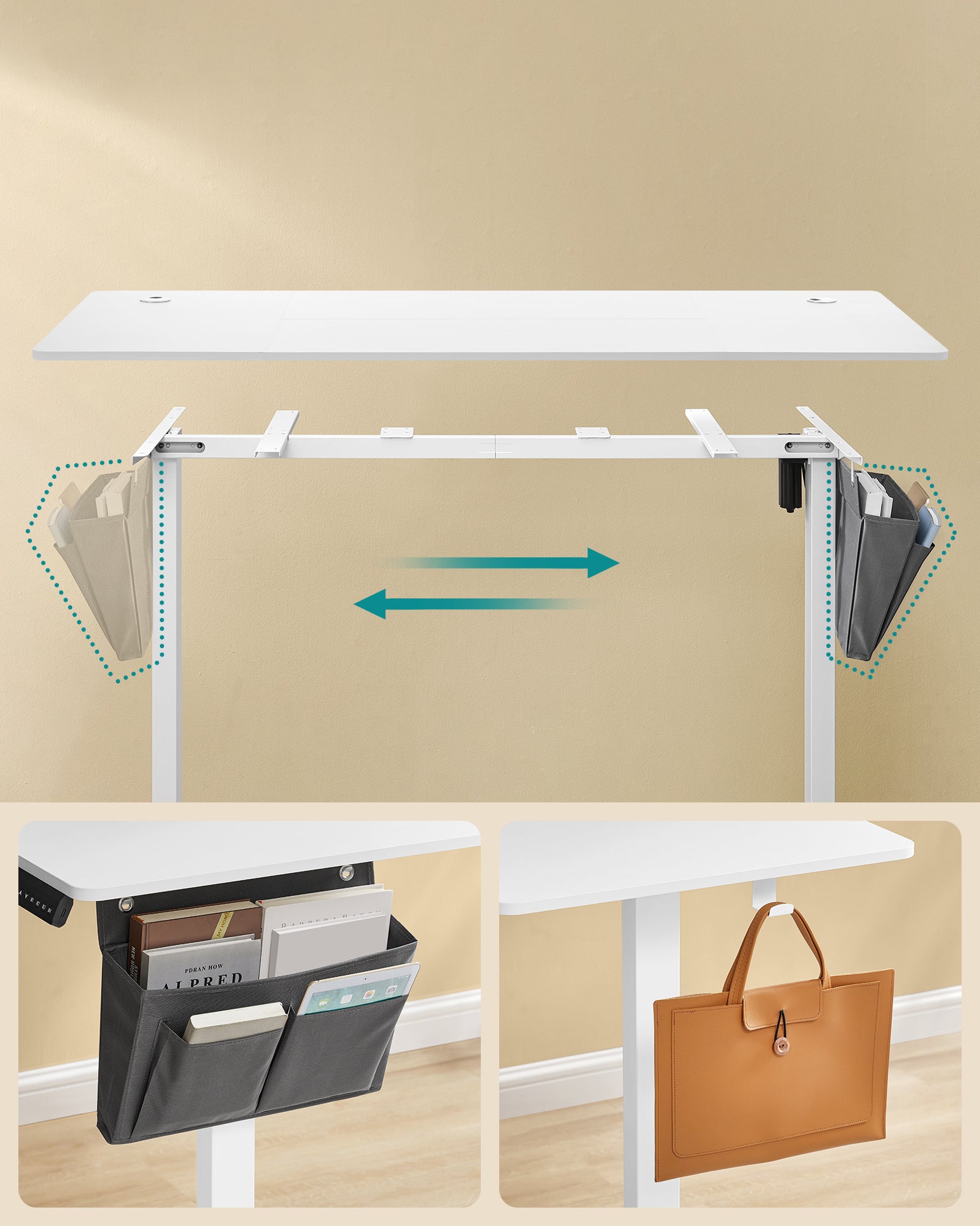 Bureau Électrique Assis-Debout, Bureau Réglable en Hauteur, 70 x 160 x (72-120) cm, 4 Hauteurs Mémorisables, Pochette de Rangement, Blanc Nuage - 4