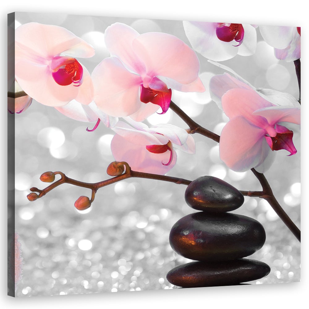 Tableau composition zen orchidée, bambou et pierres - 120 x 40 cm