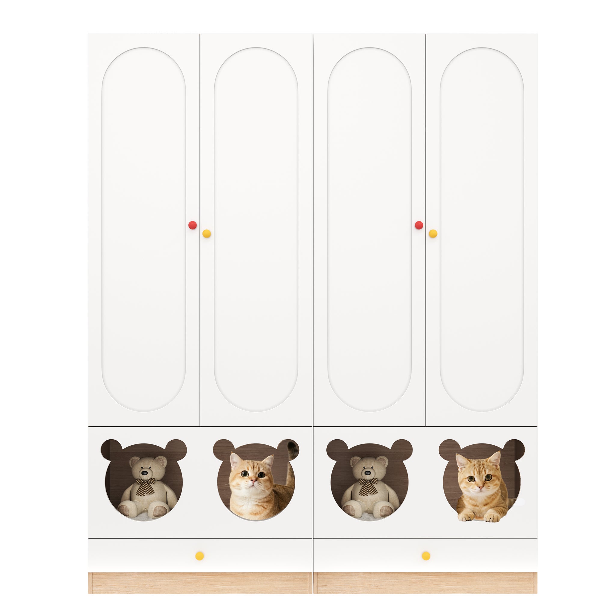 Armoire combinée avec 4 portes, barre à repasser et lit pour chat - 160x50x200 cm - panneaux aggloméré + poignées en céramique - Blanc + naturel - 3