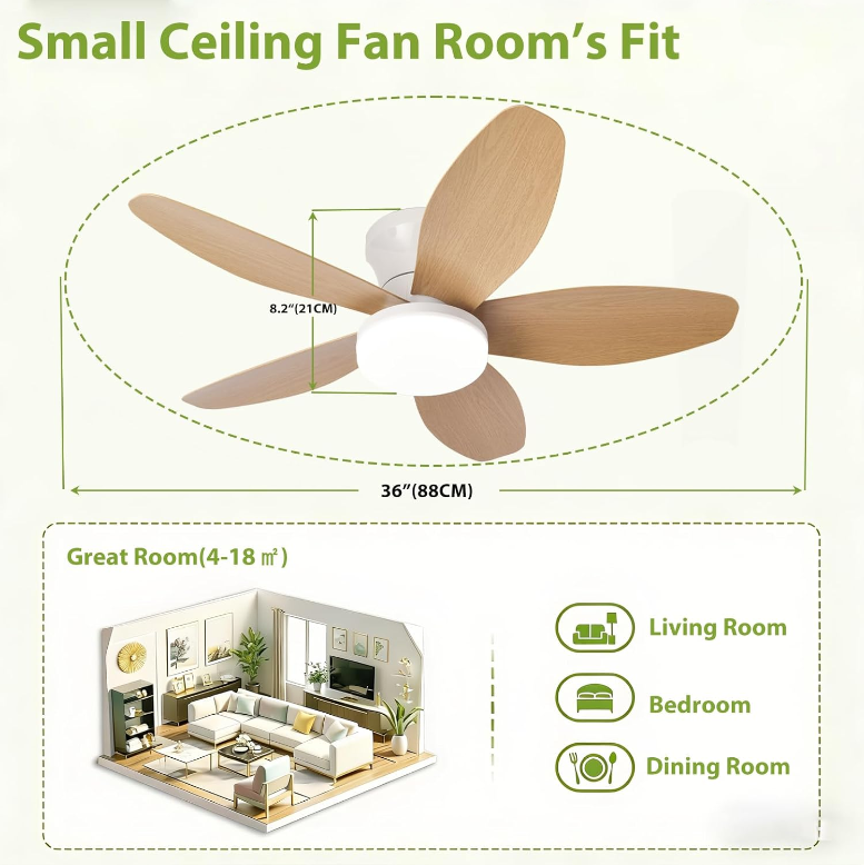 Ventilateur de plafond avec lumière et télécommande, ventilateur de salon à 5 lames à intensité variable, plafonnier pour chambre,plafond,Chêne,88cm - 5