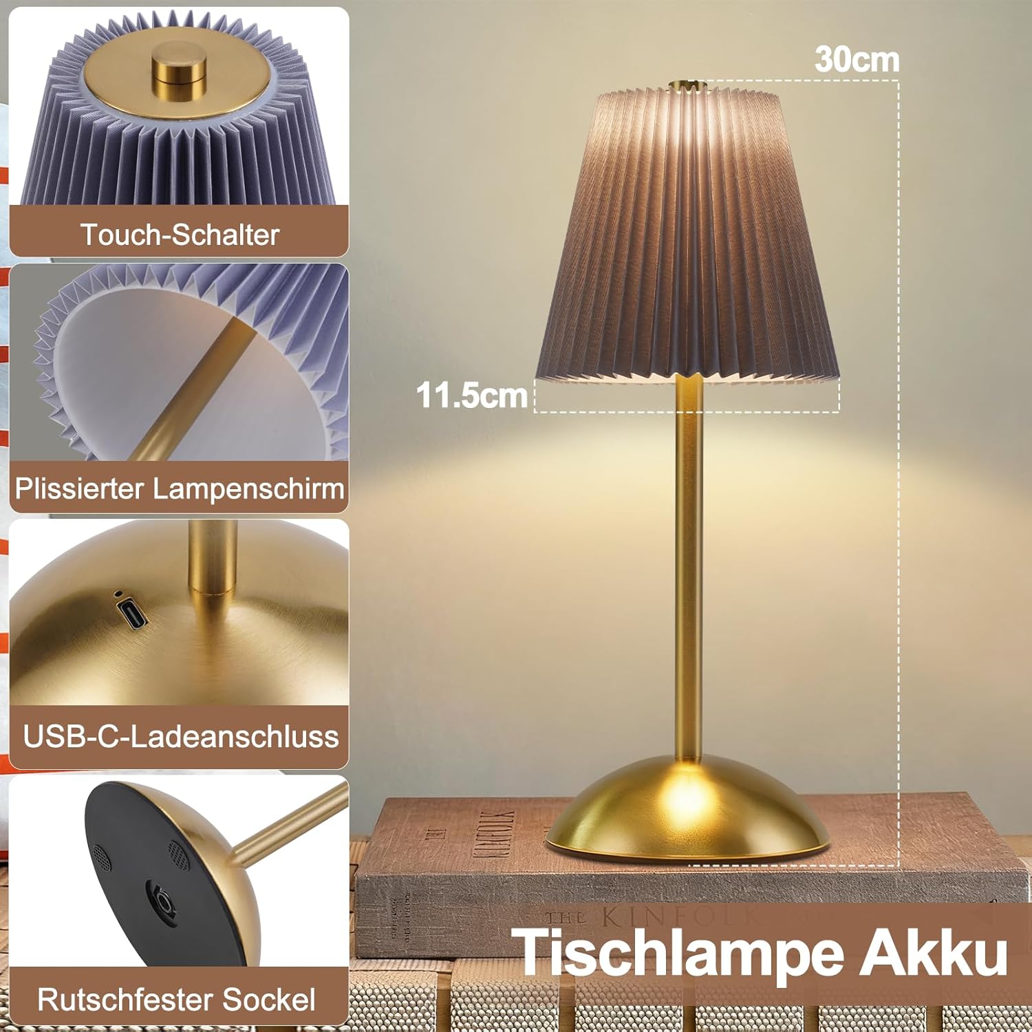 ZMH Zestaw 2 bezprzewodowych lamp stołowych LED z portem USB, 3 temperatury barwowe (zielona) - 4