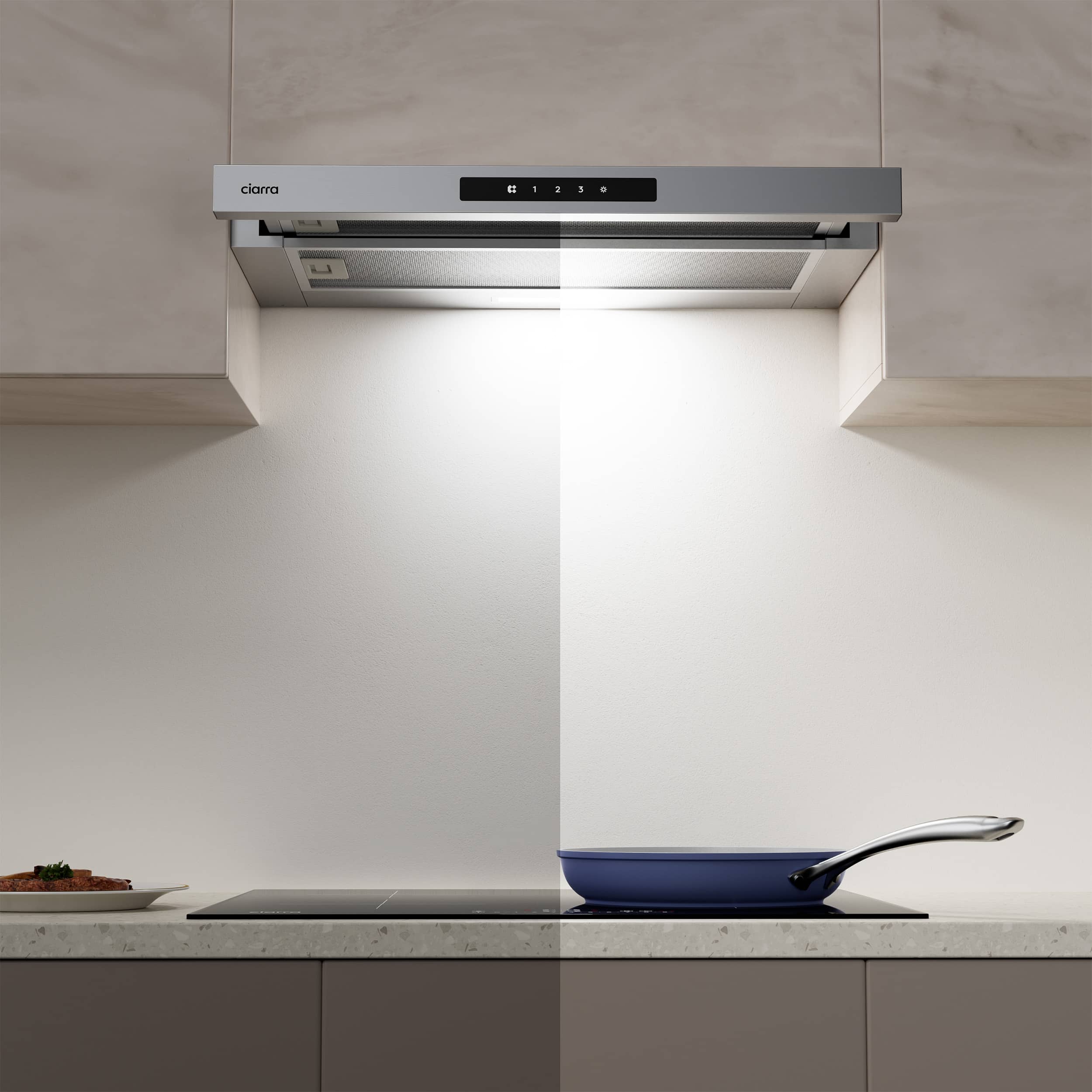 CIARRA Hotte tiroir encastrable 60cm 606 m³/h A+ 3 Vitesses Touche Tactile LED Affichage Recyclage et Évacuation Inox CD6909AS - 3
