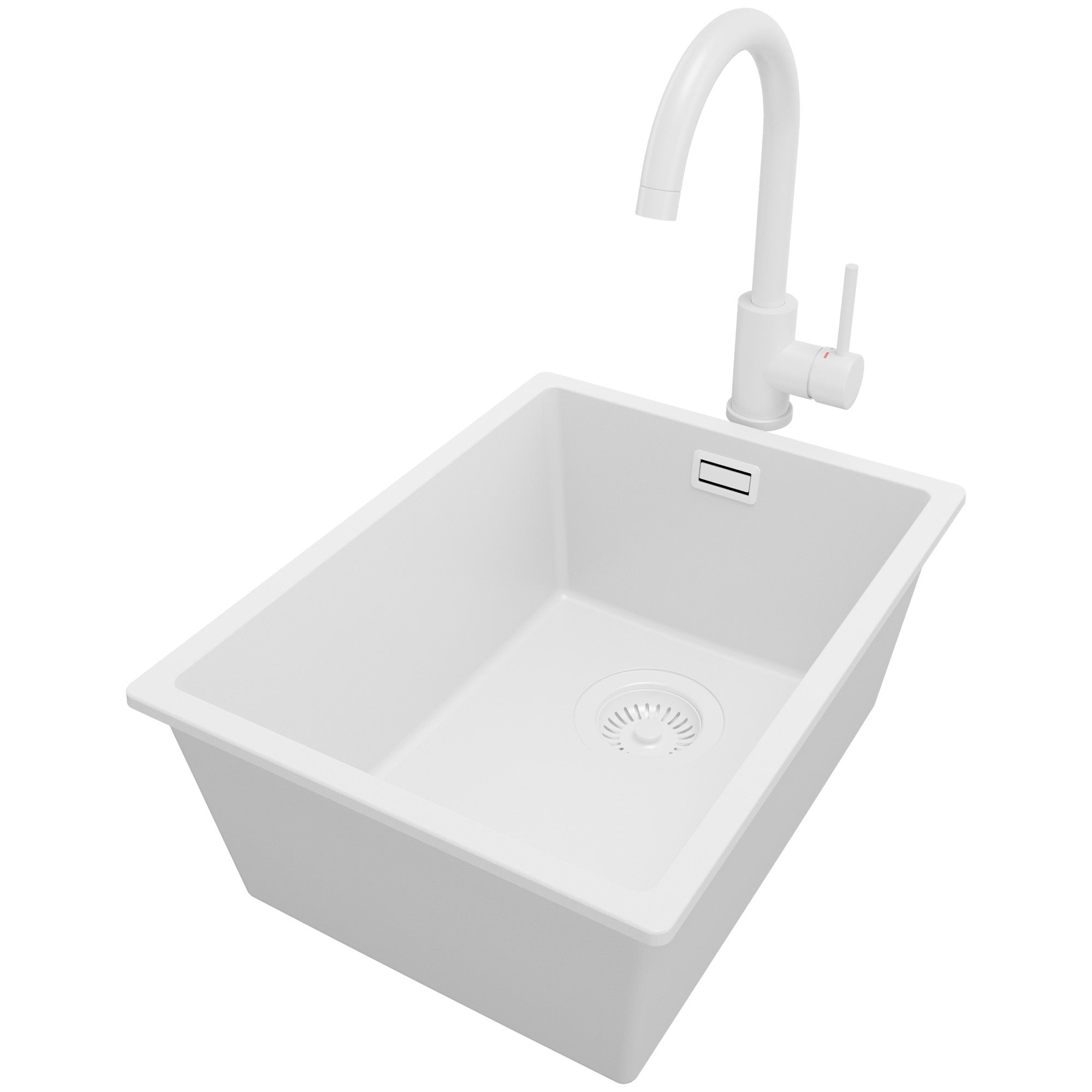 Zlewozmywak Granitowy Cały Biały 36x47cm, Zlew Kuchenny 1 Komorowy + Bateria 32x20cm + Syfon, Nablatowy do szafki od 40cm - Londyn Slim PRIMAGRAN