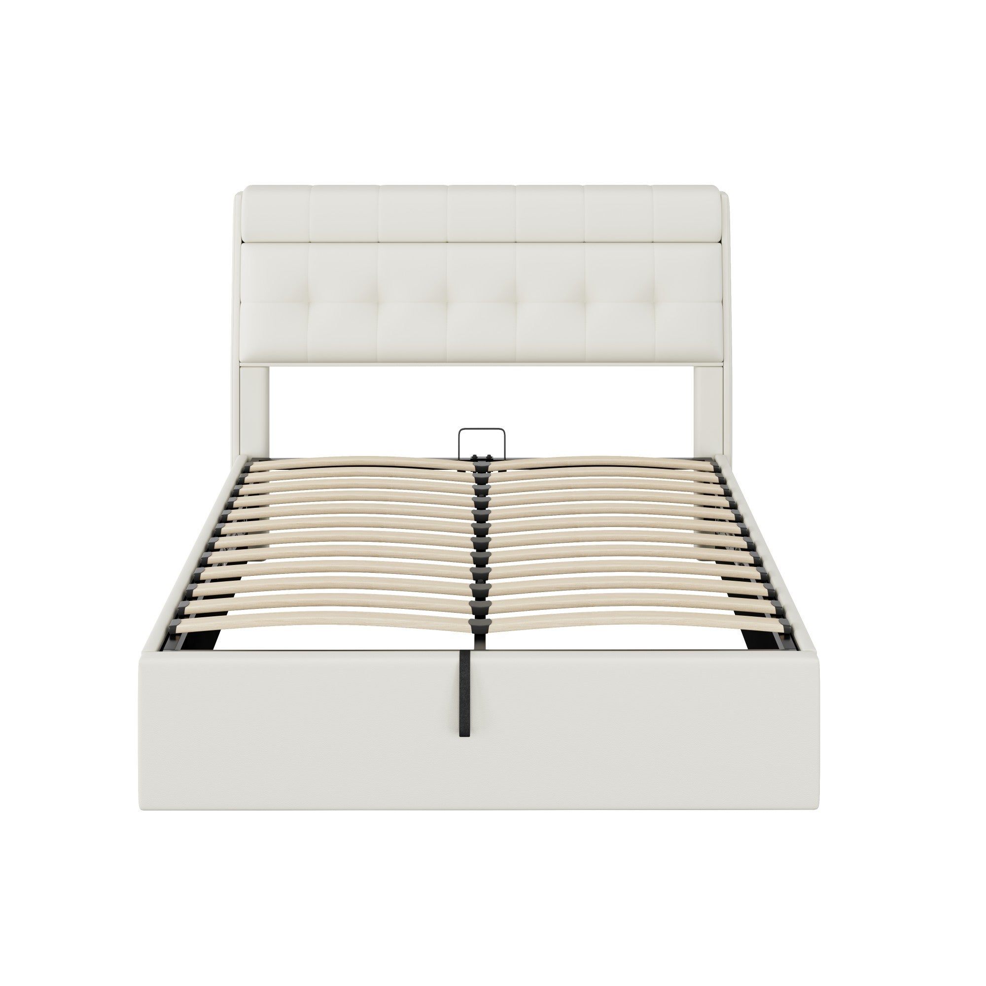 Elegante cama con almacenaje 140 x 200 cm - Estante oculto en el cabecero - Polipiel - Somier de láminas - Blanco - 9