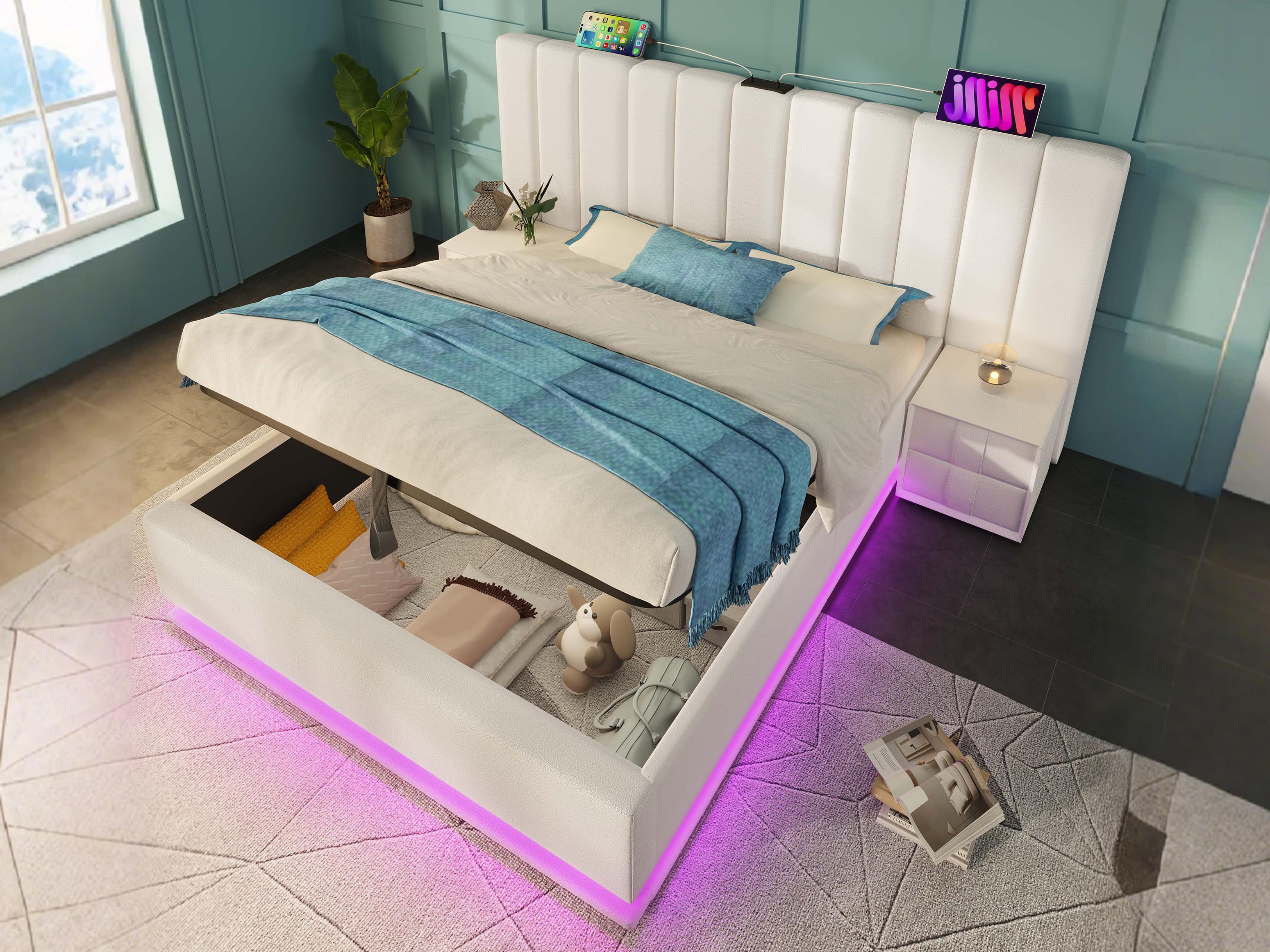 Łóżko tapicerowane z imitacji skóry 180x200 cm - z oświetleniem LED i obciążeniem - z podstawą z listew - Biały