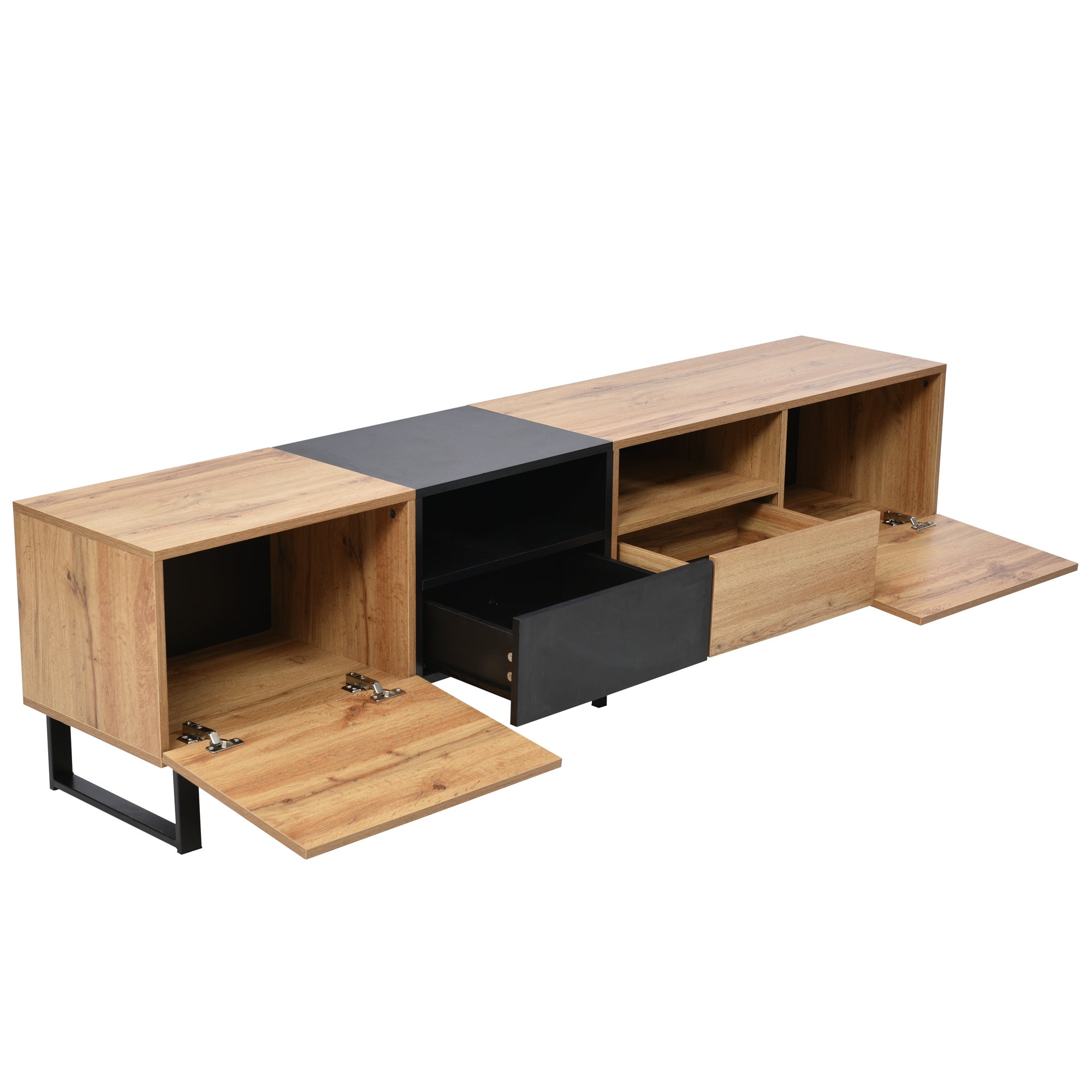 Meuble TV 190cm avec 2 compartiments et 2 tiroirs pour chambre ou salon - naturel - 7
