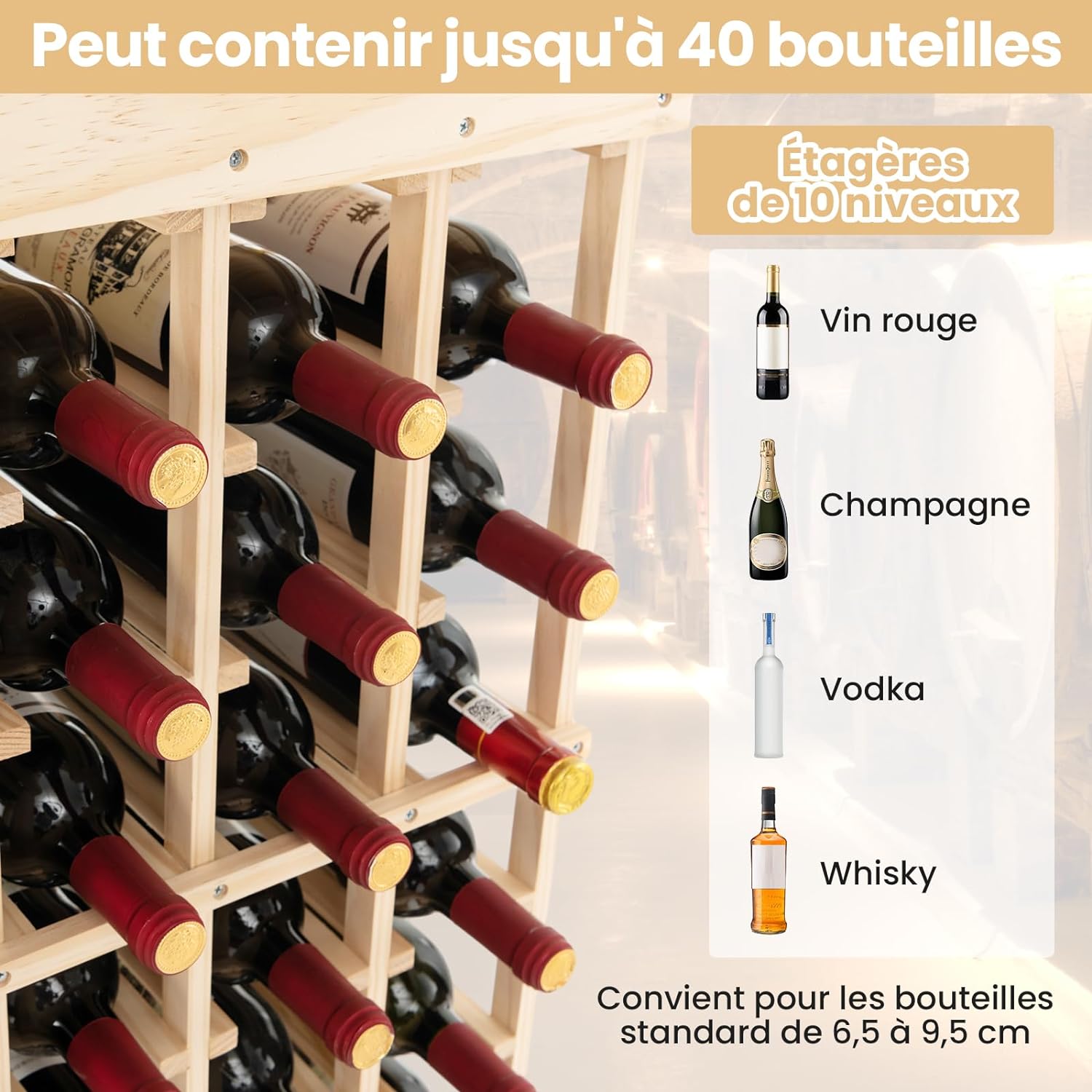 Porte-Bouteille pour 40 Bouteilles, Casier à Vin Pin Massif, Range Bouteille à l’Horizontal, 47 x 28 x 113 CM, Naturel - 3