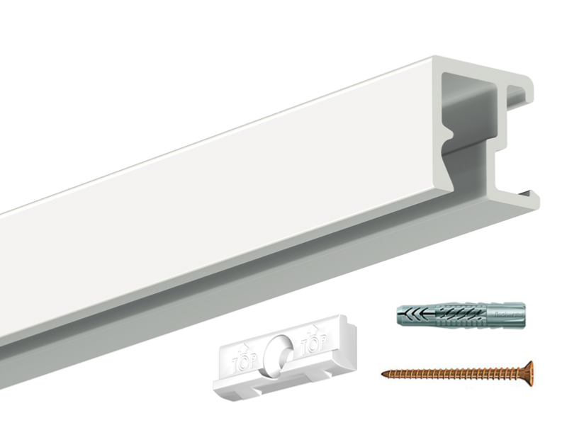 Artiteq Cimaise Click Rail 200 Cm Blanc Laqué + Clips, Vis Et Chevilles - Système D'Accrochage Tableaux
