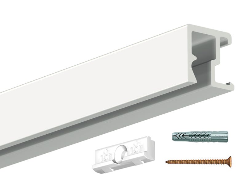 Artiteq Cimaise Click Rail 200 Cm Blanc Laqué + Clips, Vis Et Chevilles - Système D'Accrochage Tableaux