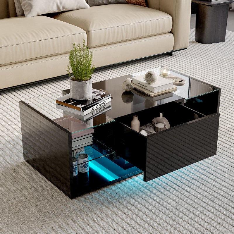 Table basse, Table basse salon LED avec espace de rangement, Table brillante avec étagère en verre, 100L x 50B x 35H cm - 5
