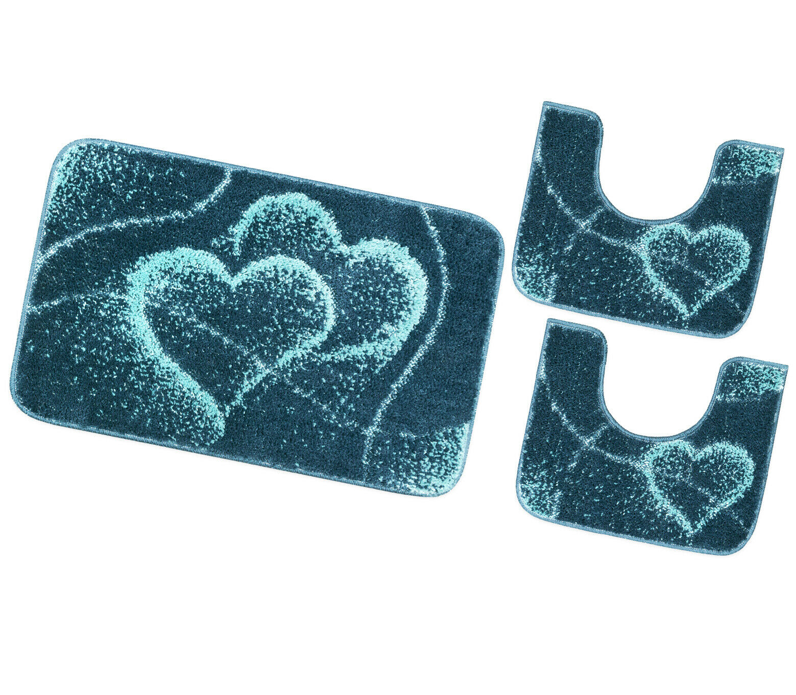 Juego de 3 alfombrillas de baño para inodoro lavabo moderna suave antideslizante absorbente color sólido corazones azul