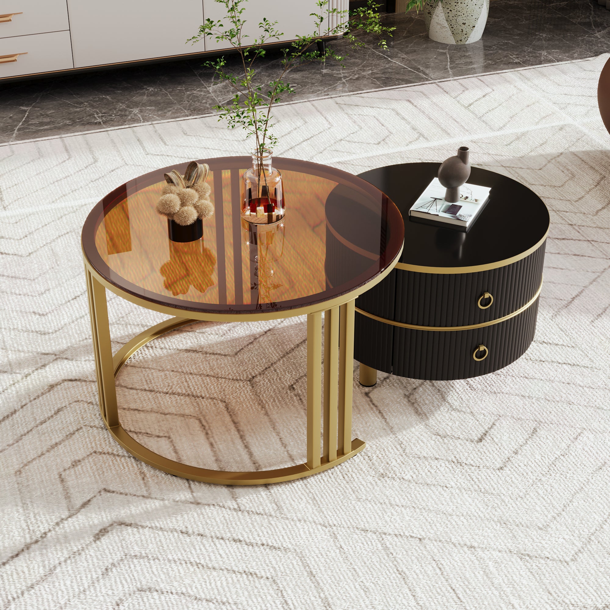 Table Basse Gigogne Ronde 2 En 1 Avec 1 Plateau Blanc Et 1 Plateau En Verre Trempe Marron 2 Tiroirs Noir Et Or 92570599