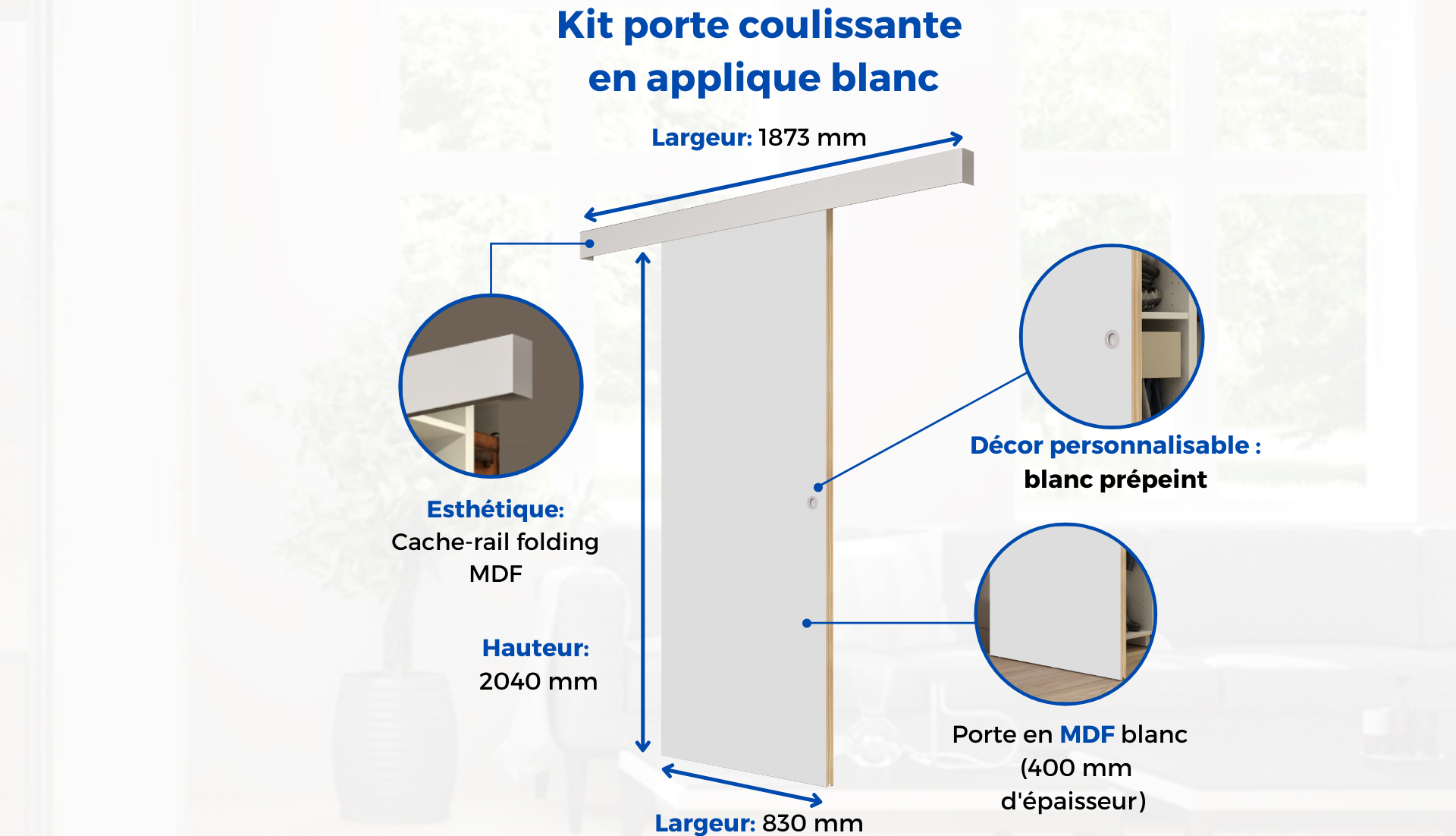Kit porte coulissante - Blanc - rail 2 amortisseurs + cache rail blanc - H 204 x L 83 cm - 2