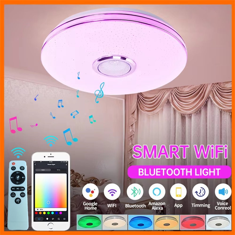 Inteligentna lampa sufitowa LED RGB z pilotem i aplikacją sterującą, głośnik Bluetooth, oświetlenie muzyczne do salonu