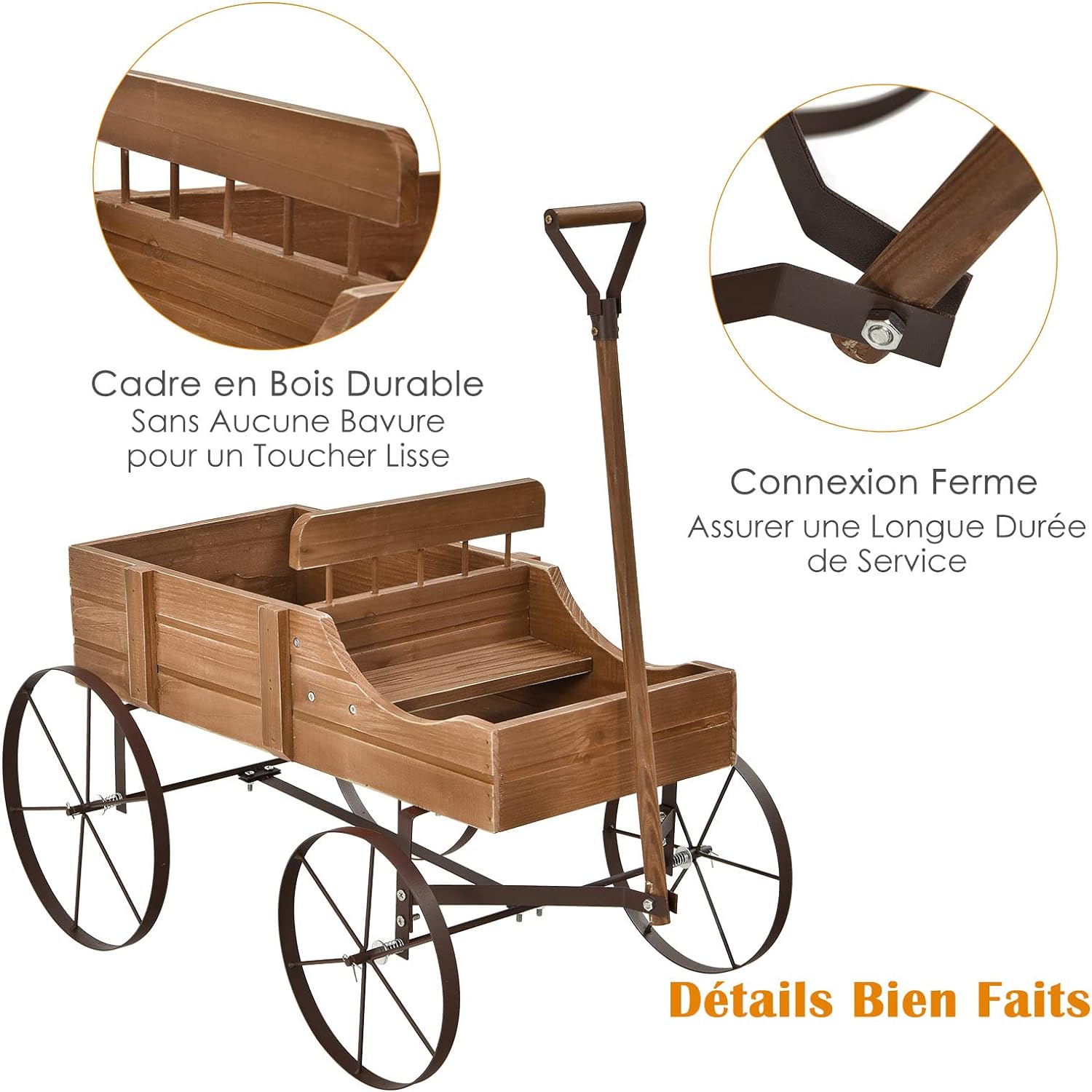 Brouette Décorative en Bois- 35×62,5×60cm- 2 Compartiments à Plantere-Jardinière Forme Brouette Chariot-Jusqu’à 15kg-Marron - 7