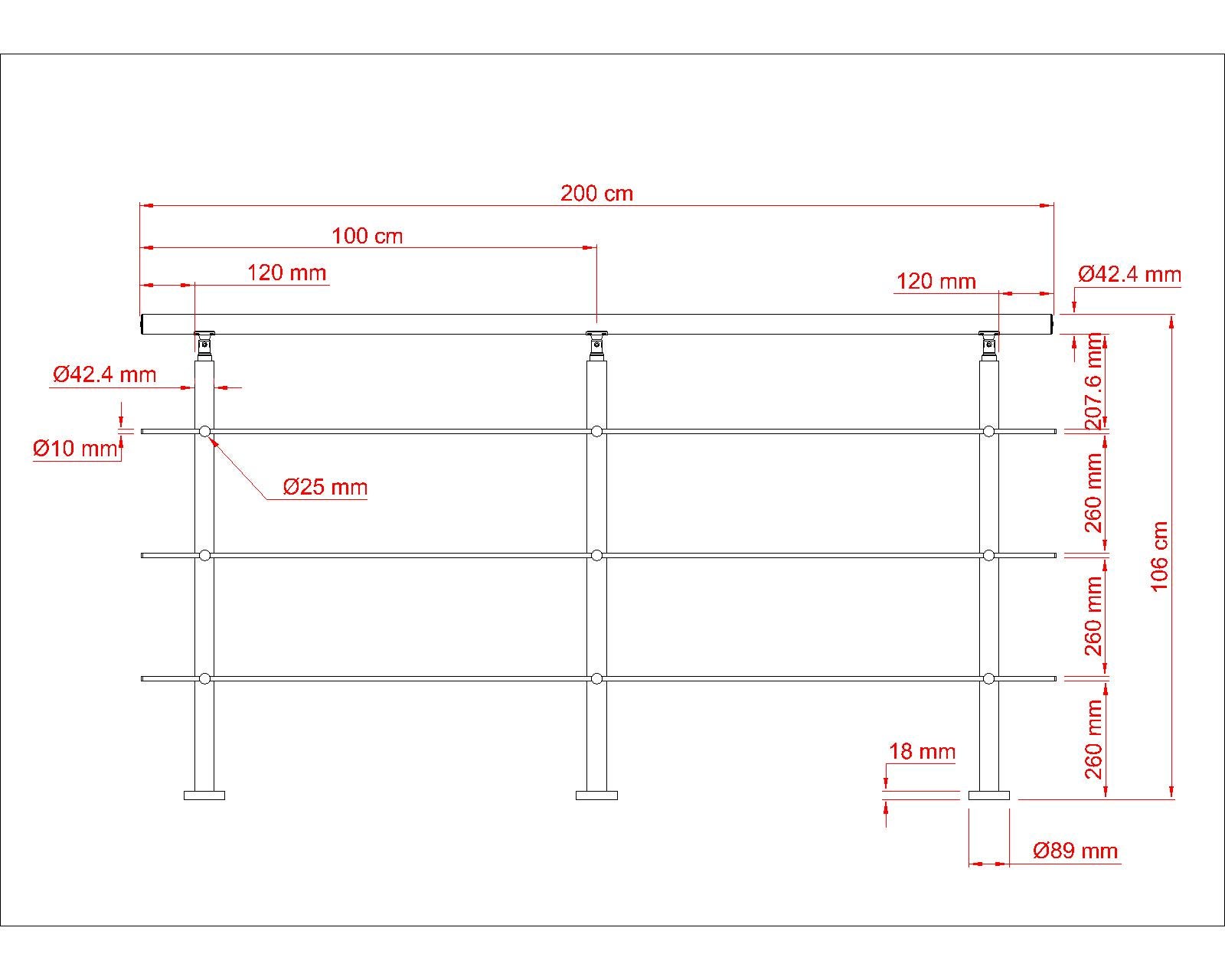 Garde-corps 200cm avec main courante, en acier inoxydable 201, pour intérieur et extérieur, garde-corps avec 3 traverses - 7