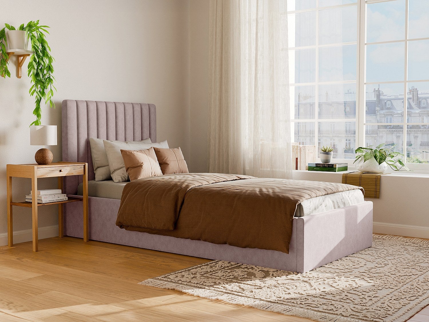 Łóżko ze skrzynią i pionowo przeszywanym zagłówkiem 90 x 190 cm - Tkanina - Różowy + Materac - SARAH