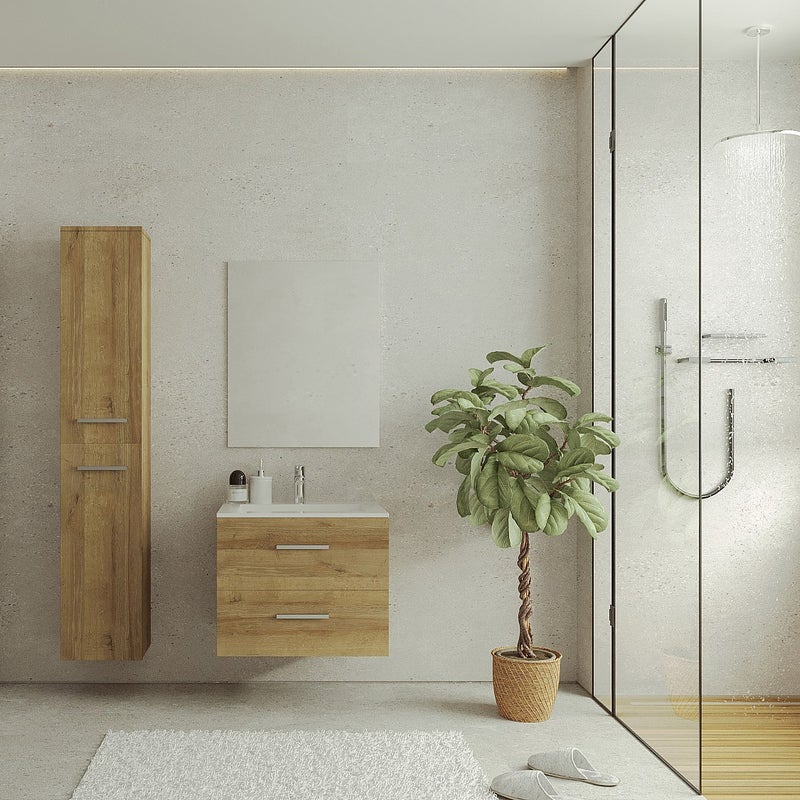 Szafka łazienkowa wisząca z umywalką i szafką typu słupek - Naturalny jasny - 60 cm - KAYLA