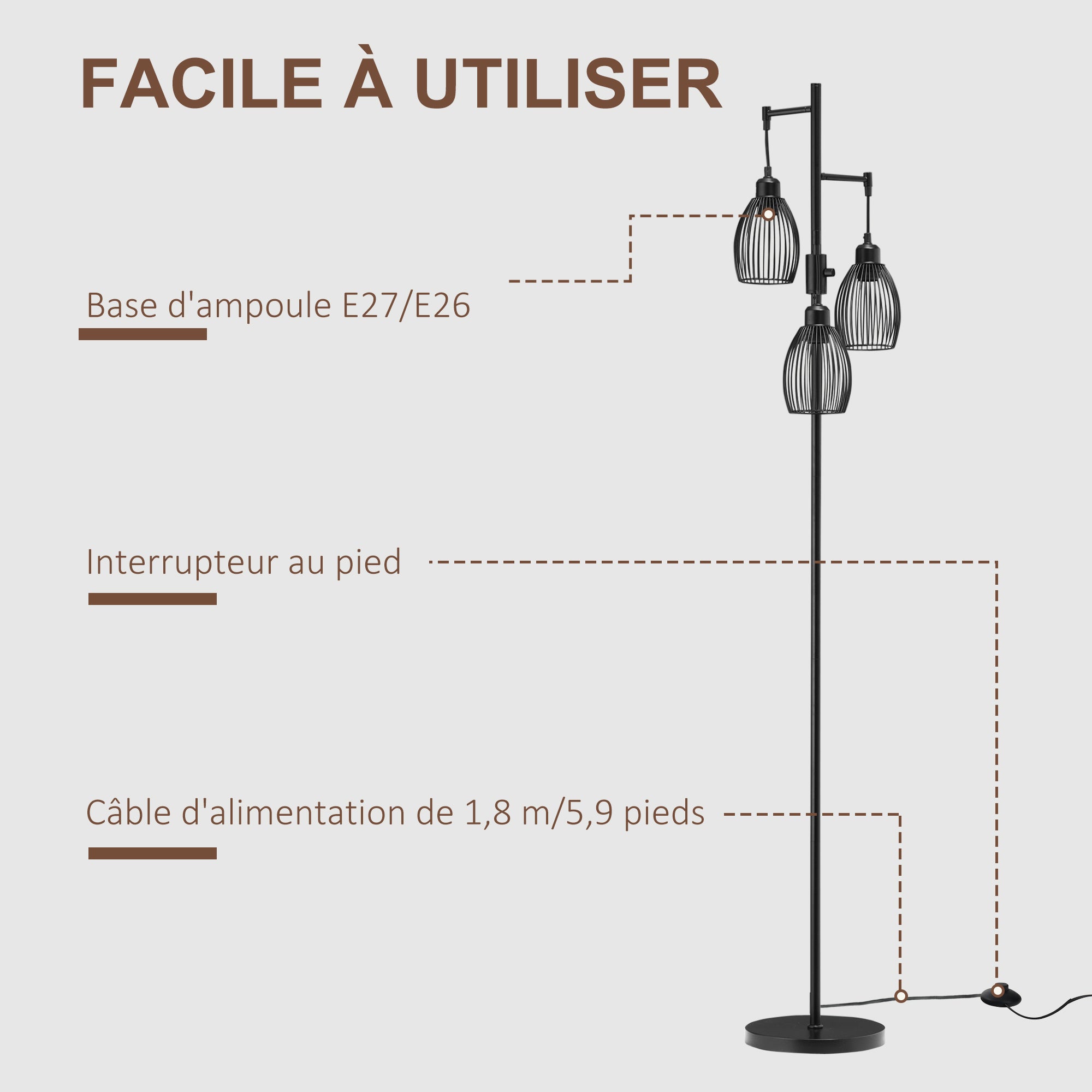 Lampadaire - HOMCOM - style industriel 40 W max 3 abat-jours métal filaire E27 - métal - noir - 6
