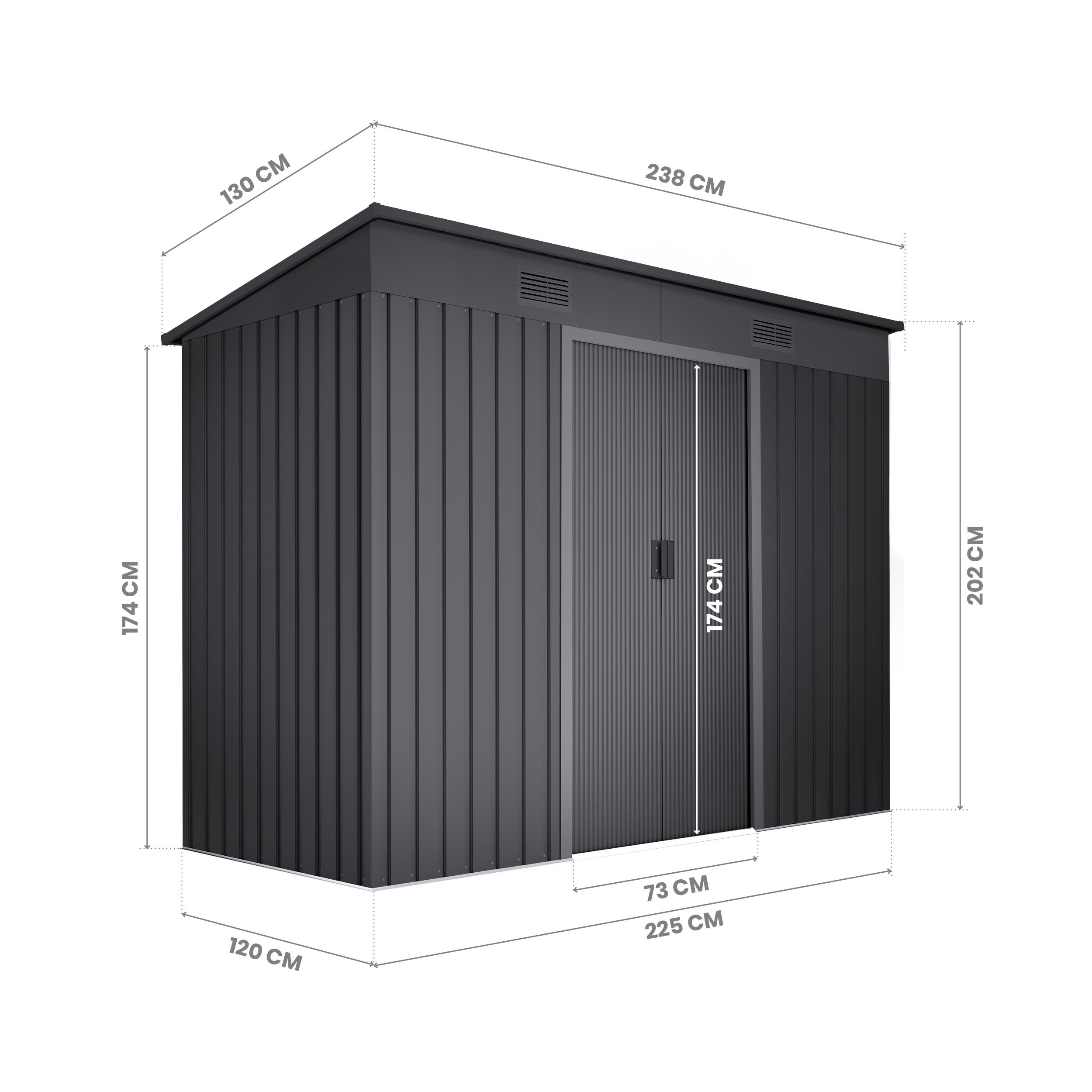Caseta de jardín exterior 3,14m2 - 238x130x202cm - Puerta doble corredera - 2 respiraderos - Antracita - Metal - 4