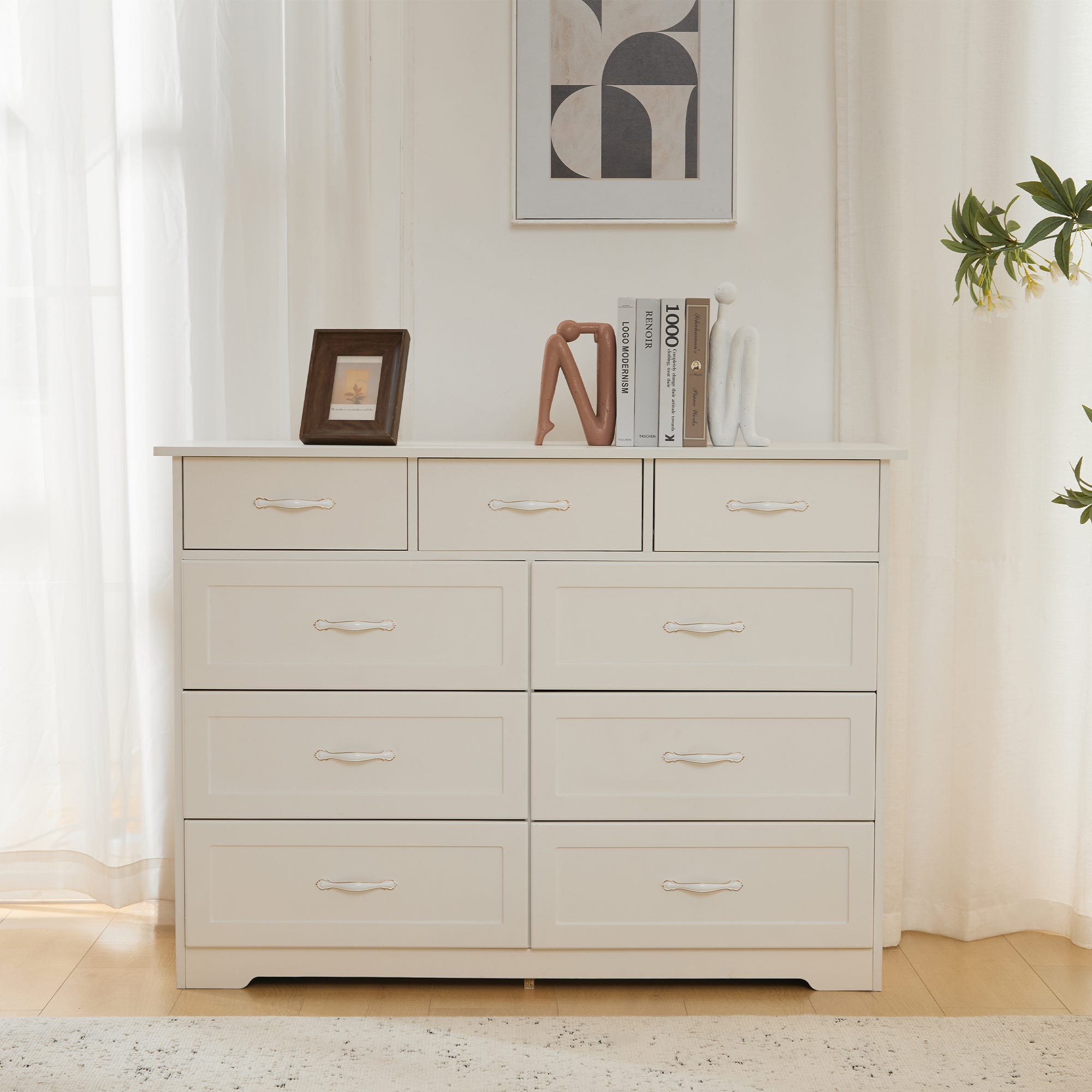 Commode avec 9 tiroirs - 110 x 40 x 72 - Motif ondulé peint - MDF ...