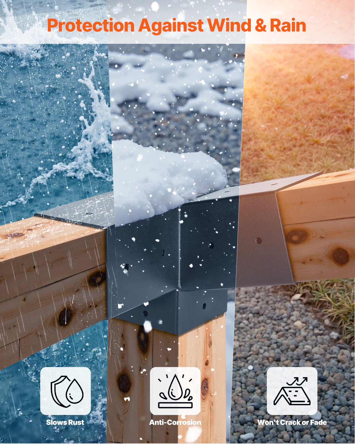 Kit Support de Pergola,Lot de VEVOR 6,pour Poteaux Bois 92x92 mm,2 Angles 3 Voies,2 Bases Sol & Mur,Toit Incliné,Extérieur Fête Jardin - 5