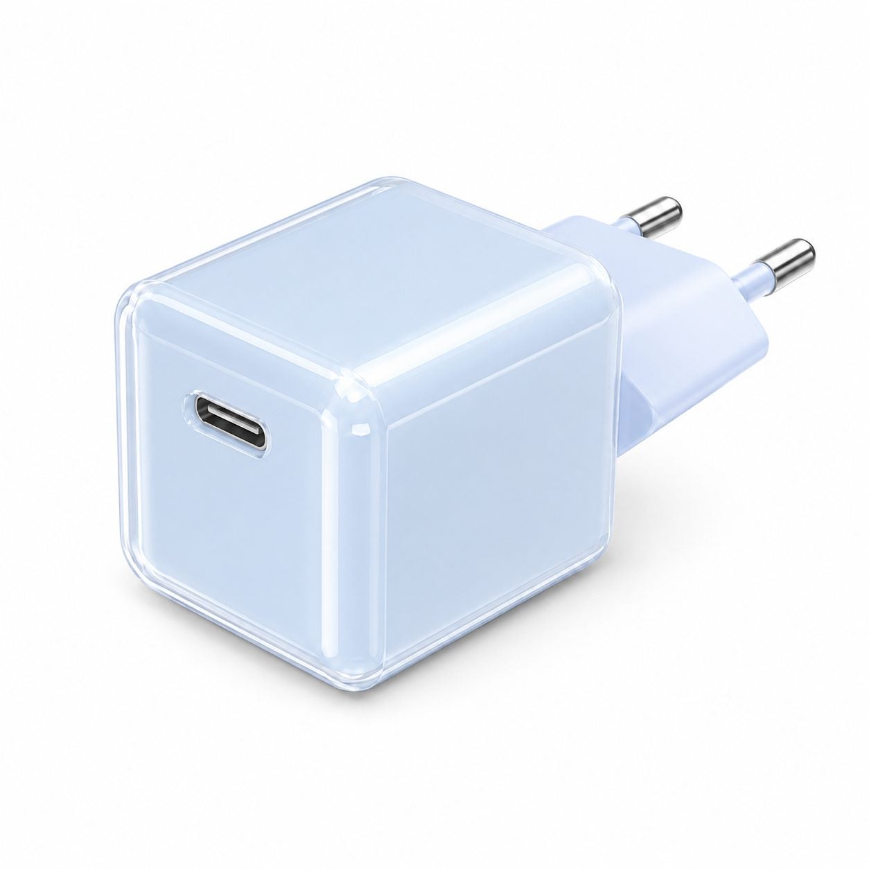 Incarcator Retea USB-C 30W Mini Ice Cube, Flippy, GaN Technology, Fast Charge, Carcasa Transparenta Bicolora, Standard European, Albastru