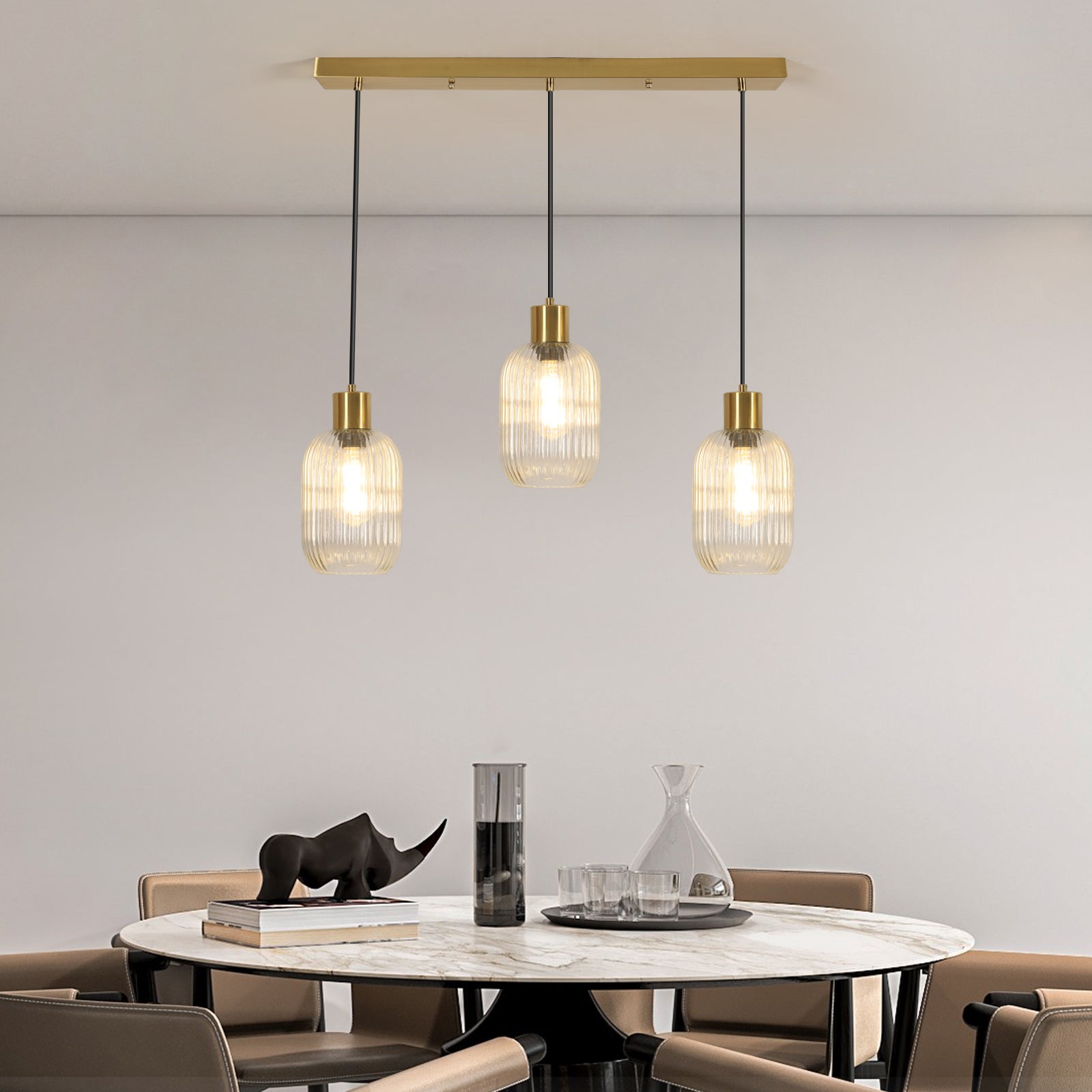 COMELY Suspension Linéaire 3 Lumières en Verre Transparent L72 cm, E27, Design Moderne Finition Laiton pour Cuisine, Îlot et Salle à Manger - 5