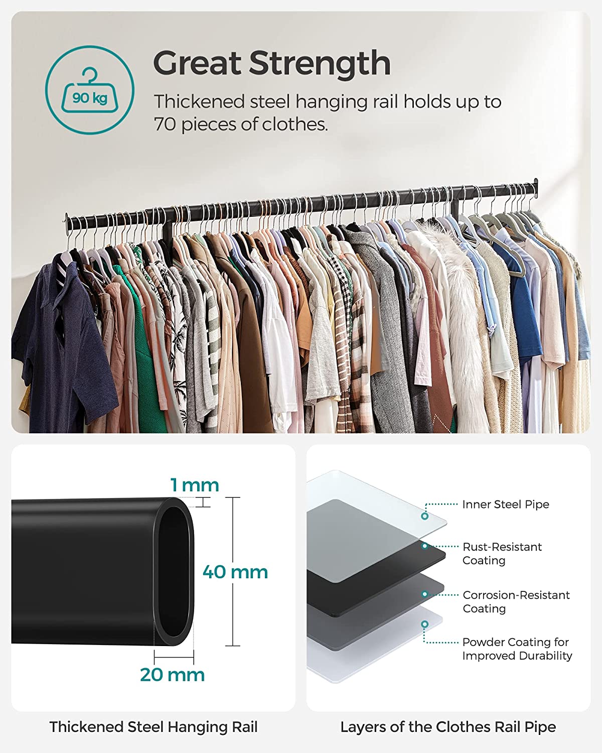 SONGMICS Portant à Vêtements avec Roulettes, Lot de 2, Tringle Extensible pour Charge Lourde, Porte-manteau, Rangement, Capacité de Charge 90 kg, Noir - 3