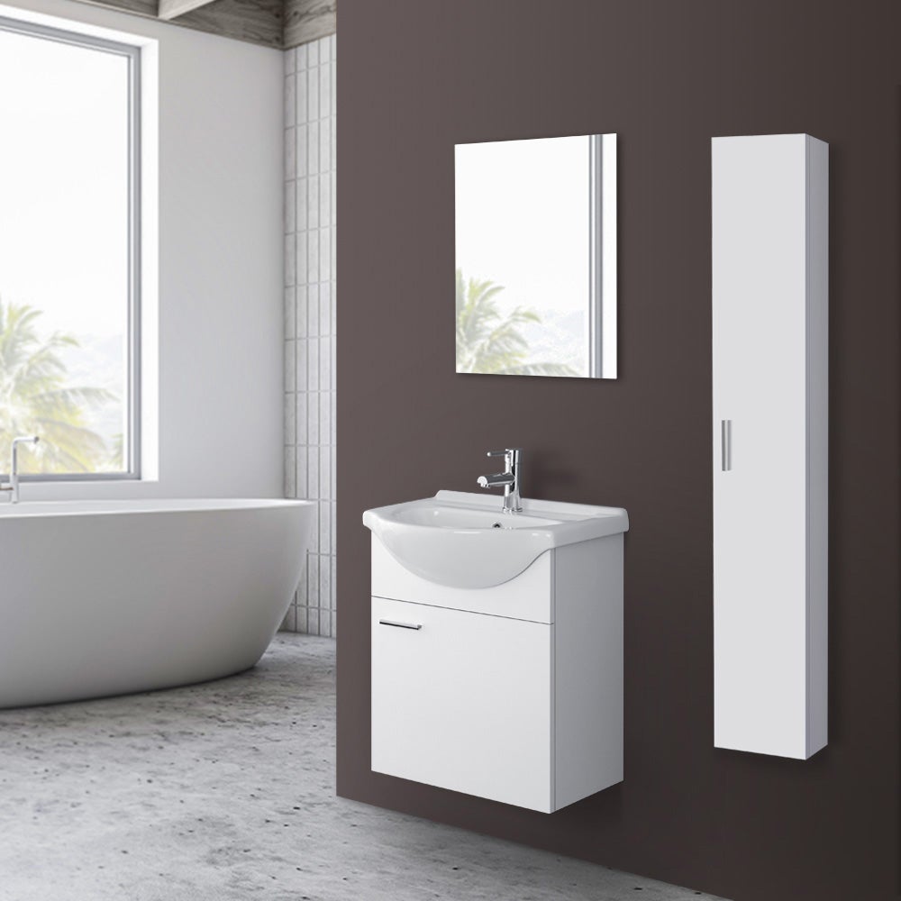 Meuble de salle de bains suspendu H. 150 cm blanc brillant avec porte réversible - 3