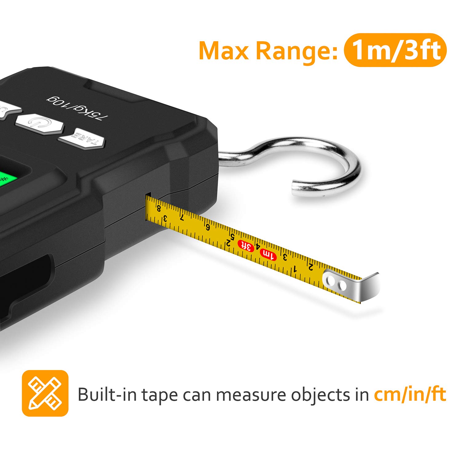Báscula electrónica portátil, báscula de gancho colgante digital retroiluminada LCD de 165 lb/75 kg con regla de cinta métrica - 2