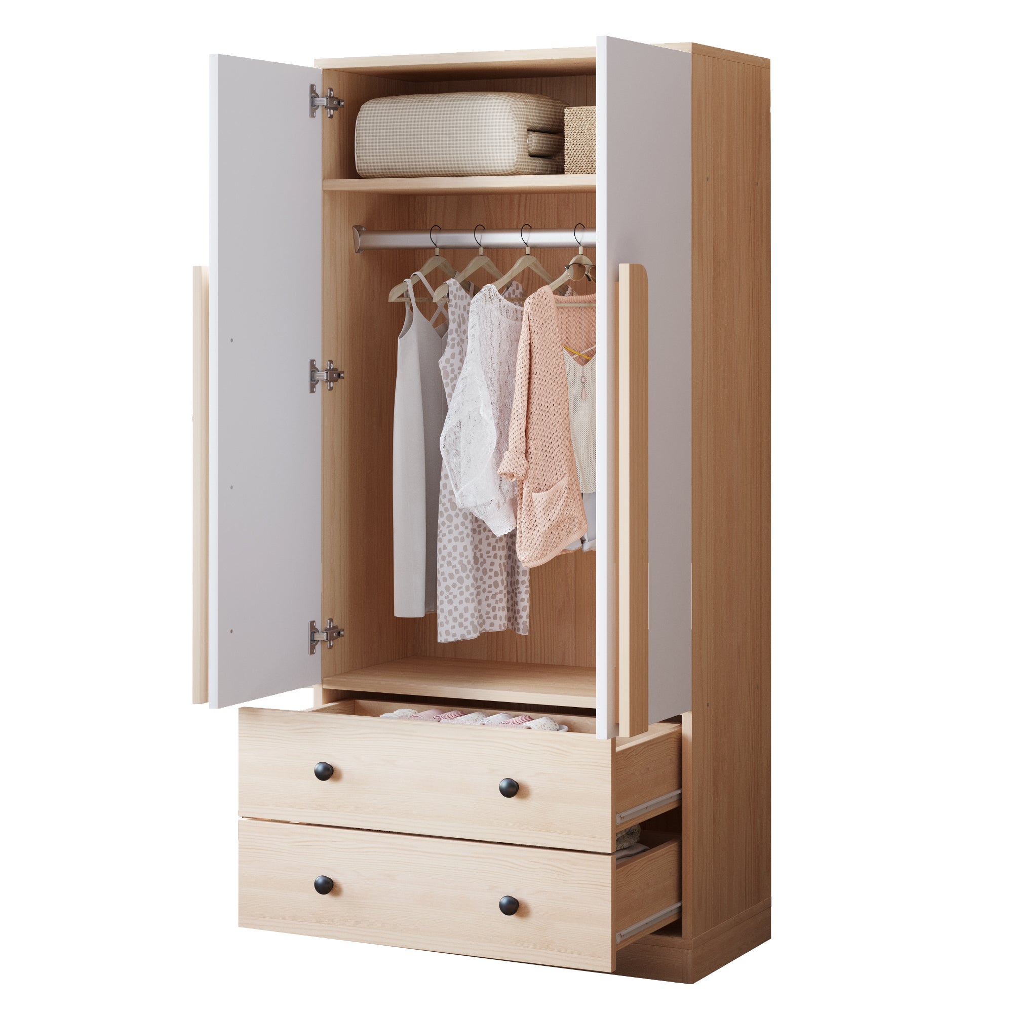 Armoire 2 portes 70 x 40 x 170 cm avec 2 tiroirs et grand rangement, bois naturel et blanc - 7