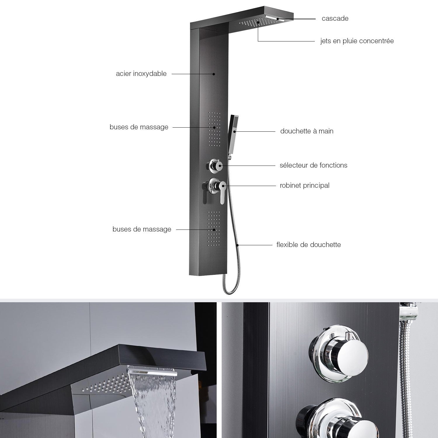 Système De Tour De Panneau De Douche En Acier Inoxydable Pluie, Mélangeur De Jet De Jet De Massage En Cascade-Noir A,Noir A
