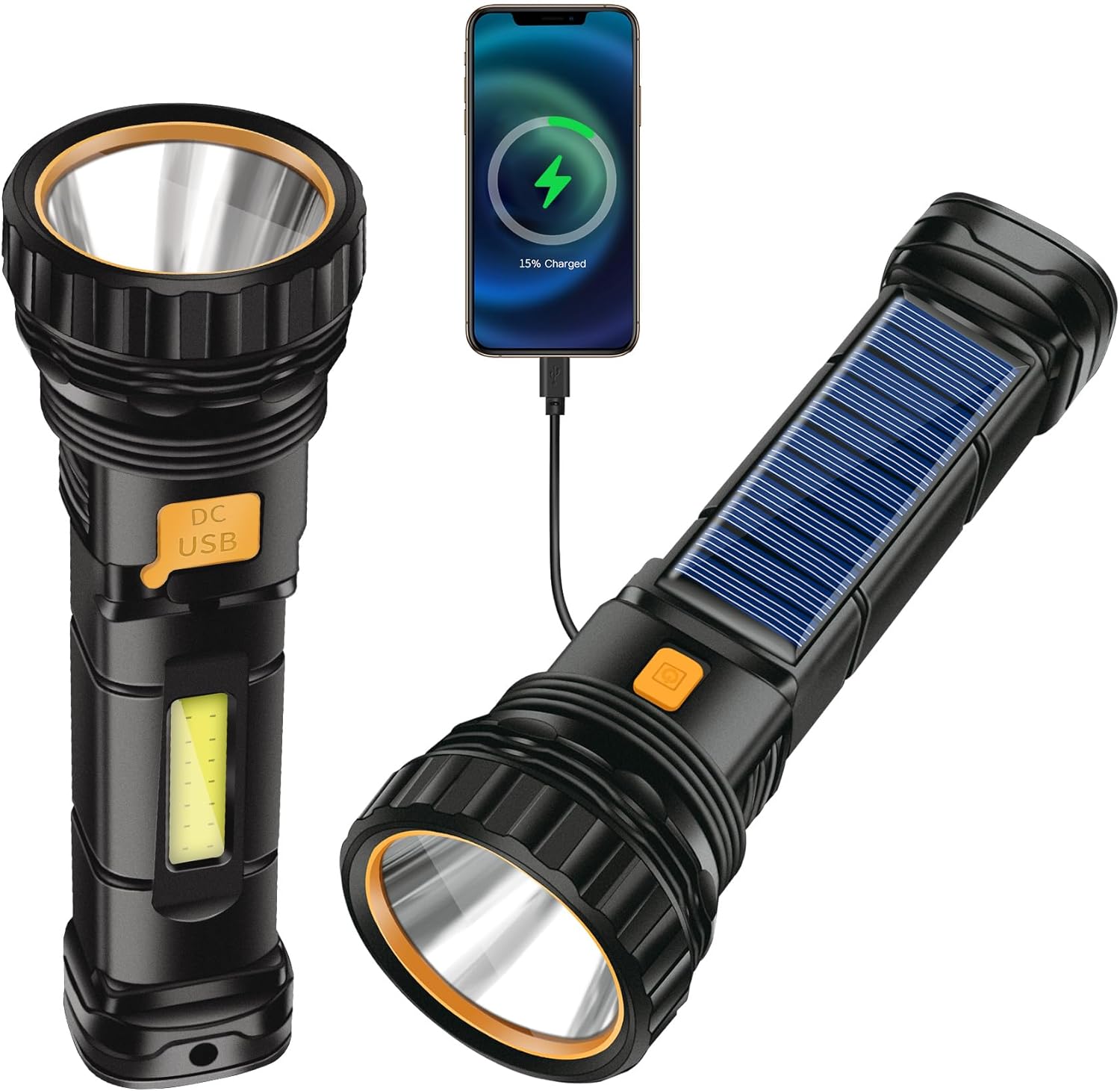 Latarka LED Solarna Kieszonkowa, 1200 mAh Latarka Akumulatorowa, z Ładowarką USB, Wodoodporna Latarka IPX4 z 3 Trybami Światła, 2 sztuki