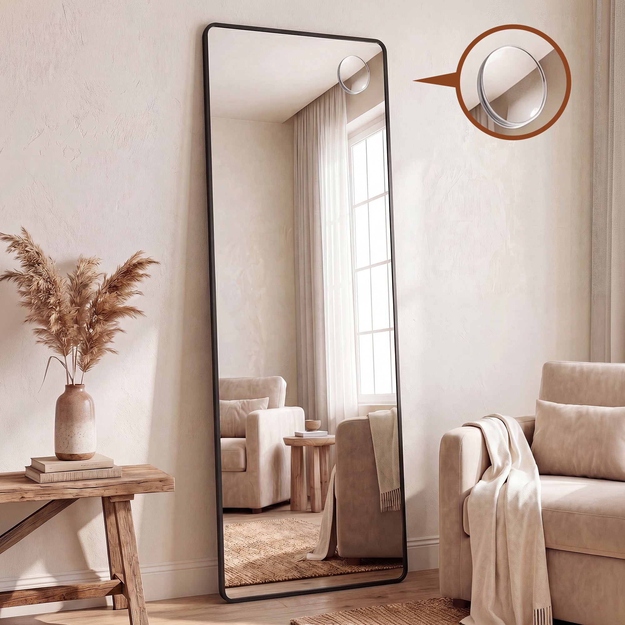 Grand Miroir sur Pied, avec Miroir Grossissant, Verre Trempé, Rectangulaire, Coins Arrondis, 160 x 50 cm, Noir - 2