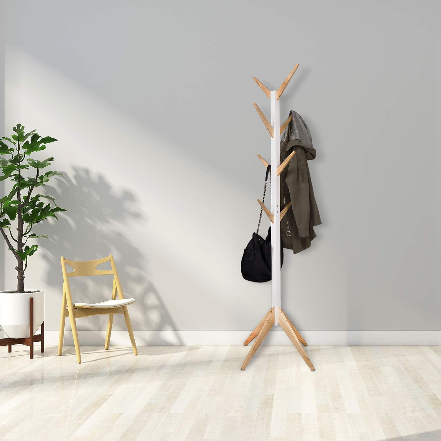 WOLTU Porte-manteau sur pied en bois massif, En forme d’arbre avec 8 crochets, 180 cm, Nature+Blanc - 5