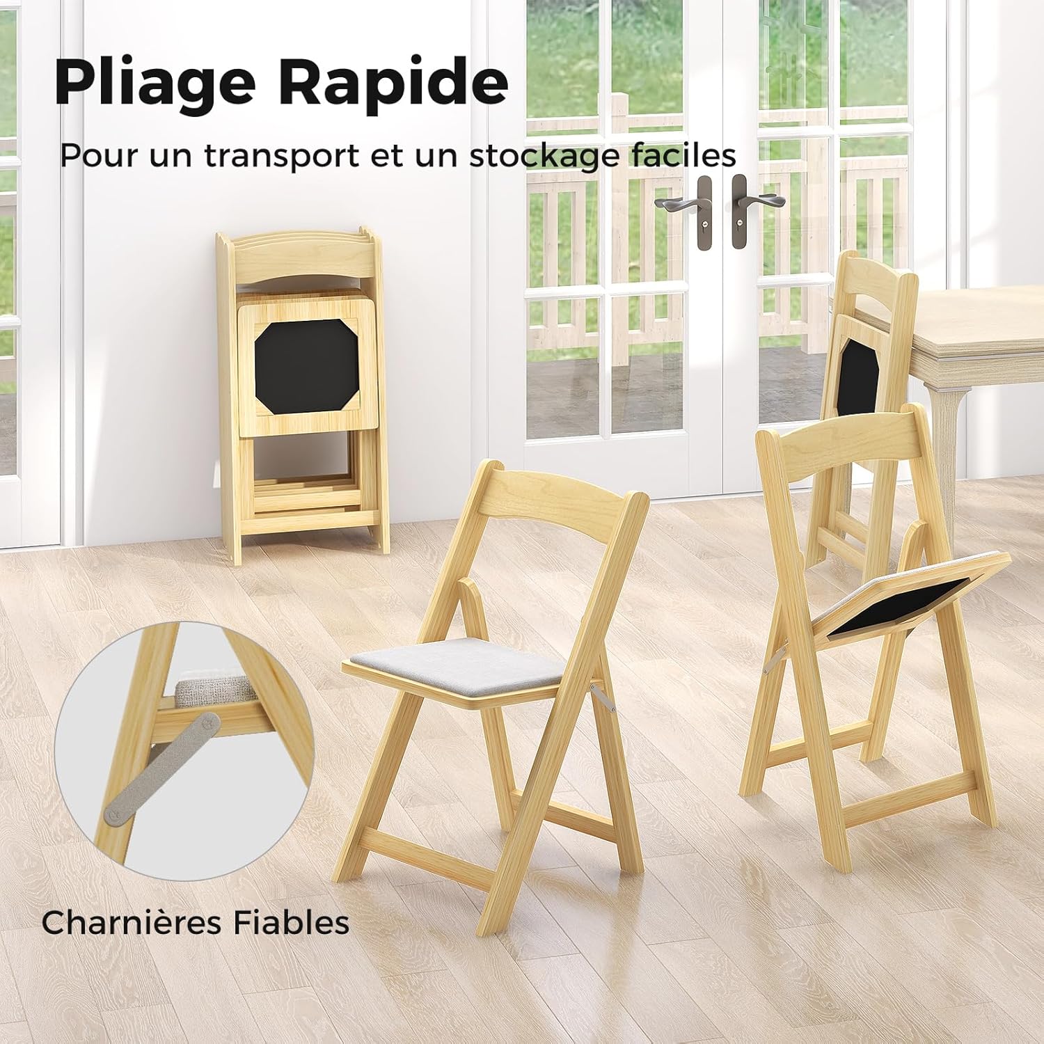 Set di 2 Sedie da Pranzo, Sedia da Cucina Pieghevole con Gambe in Legno di Gomma & Sedile Imbottito, Sedia Portatile per Matrimonio & Festa, N - 5