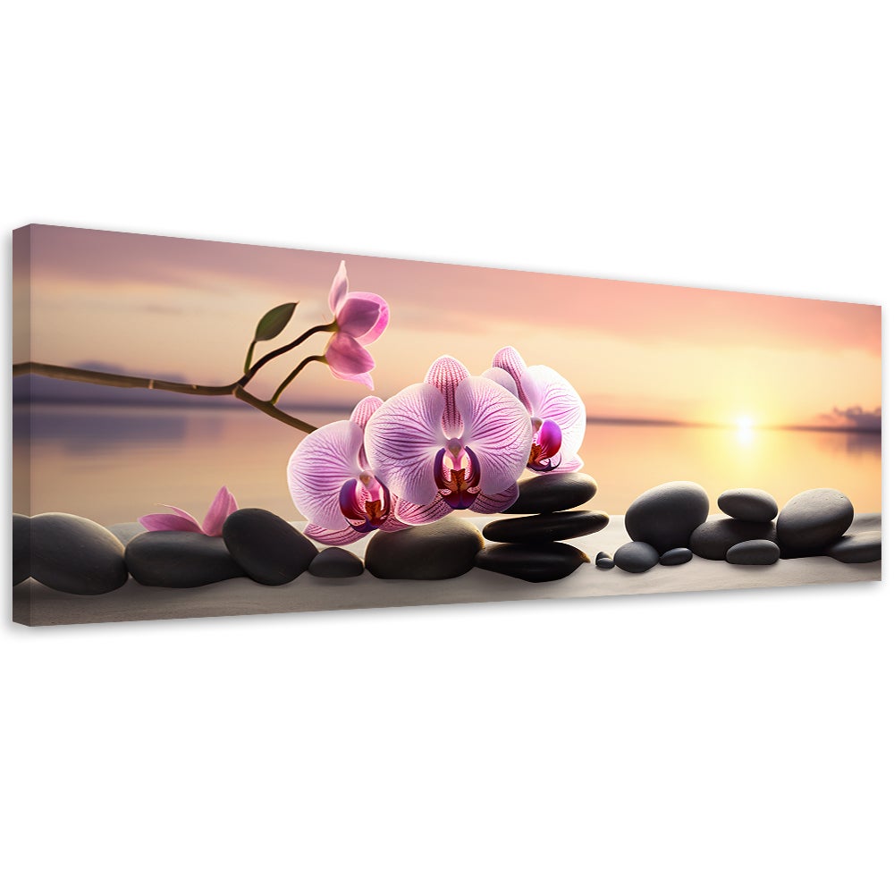 Obraz na płótnie, Rożowa orchidea i kamienie zen 120x40