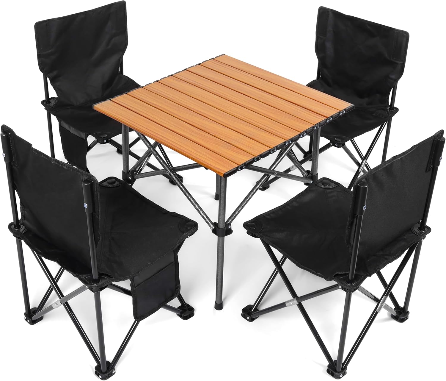 Table de camping pliable en PEHD noir et 4 chaises métal résistantes Table de camping pliable en PEHD noir et 4 chaises métal résistantes