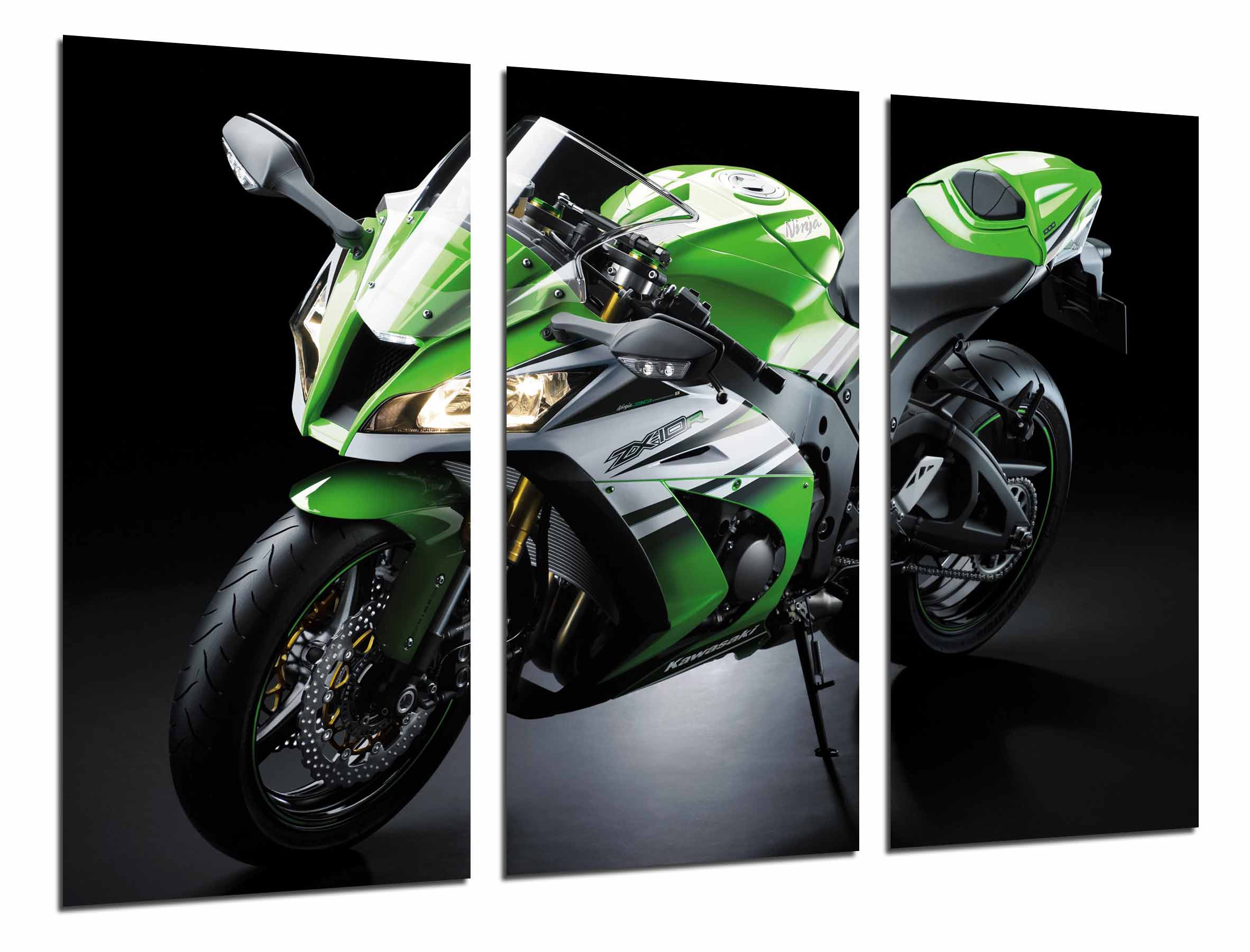 Moto kawasaki zx-10r, verde, carretera, impresión fotográfica sobre madera, cuadro moderno decorativo