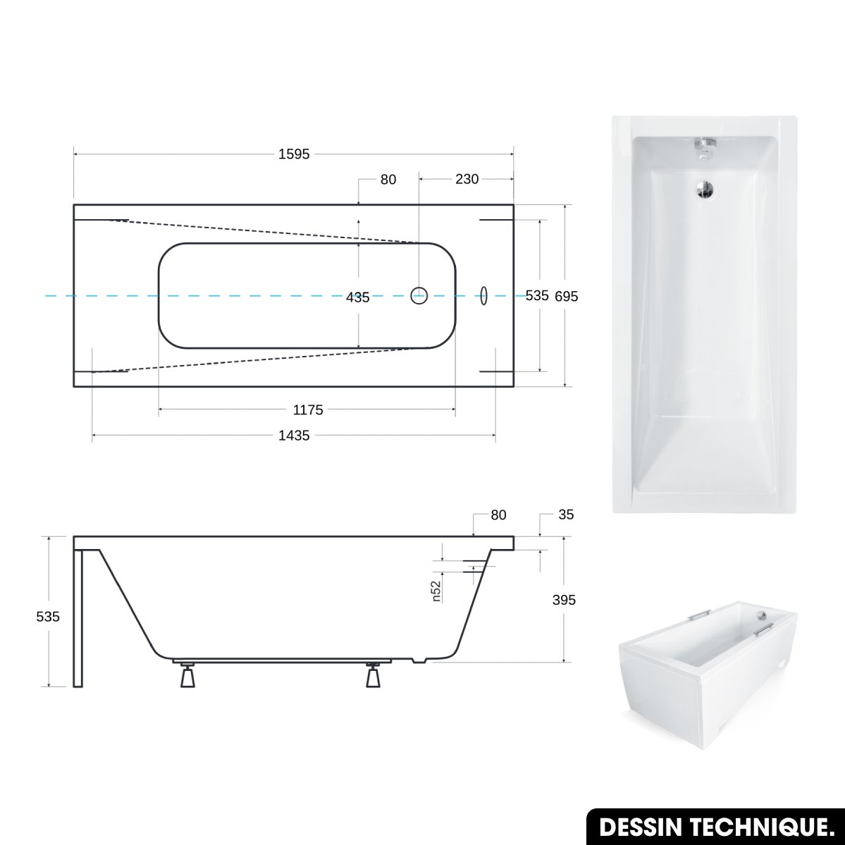 Baignoire rectangulaire de 160 x 70 cm - avec Tablier Blanc et Repose Tête OFFERT - MODERN - 3