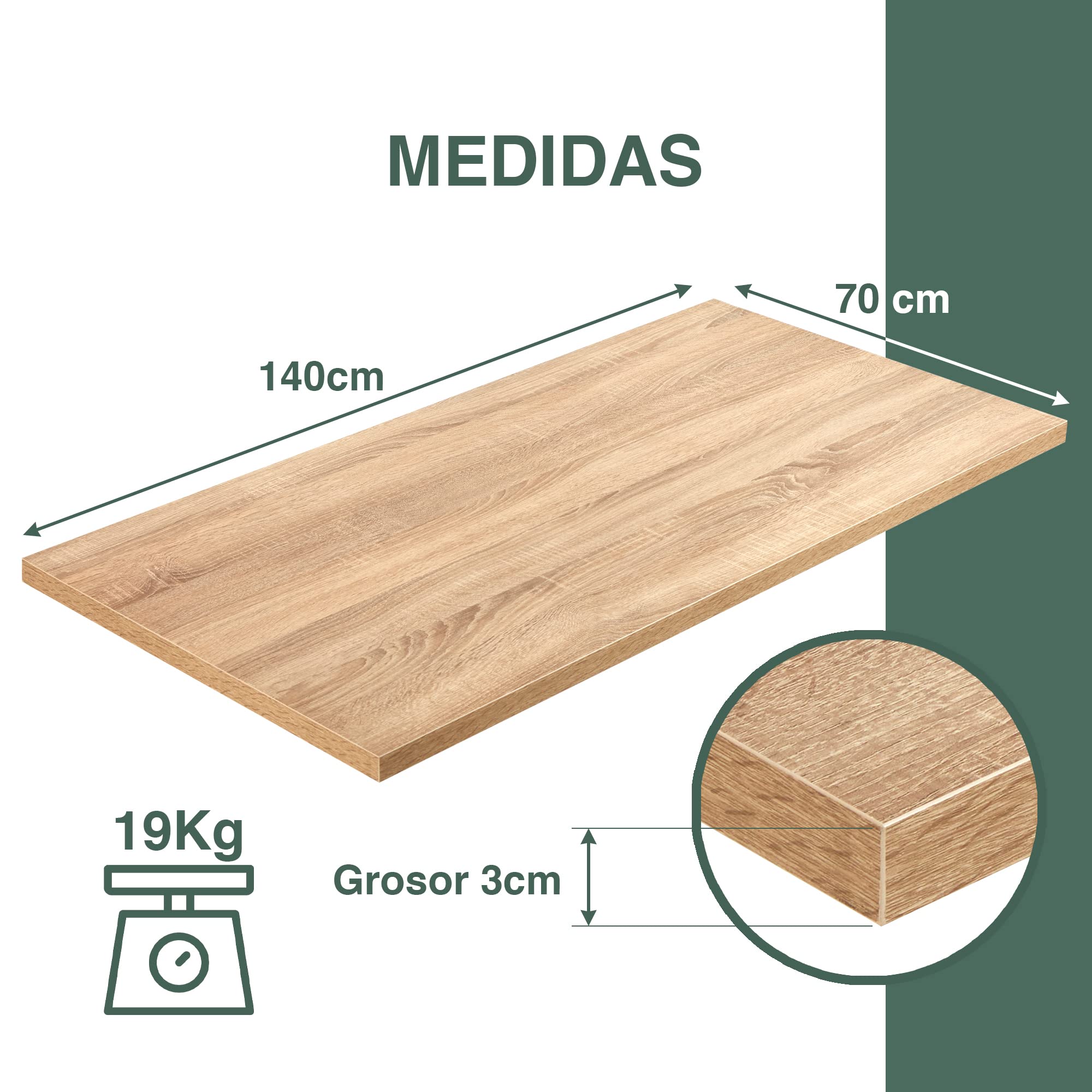 Tablakala Piano in legno per scrivania, 140x70 cm, Spessore 3 cm, Finitura Rovere, Compatibile con scrivania regolabile in altezza, Pannello in legno - 2