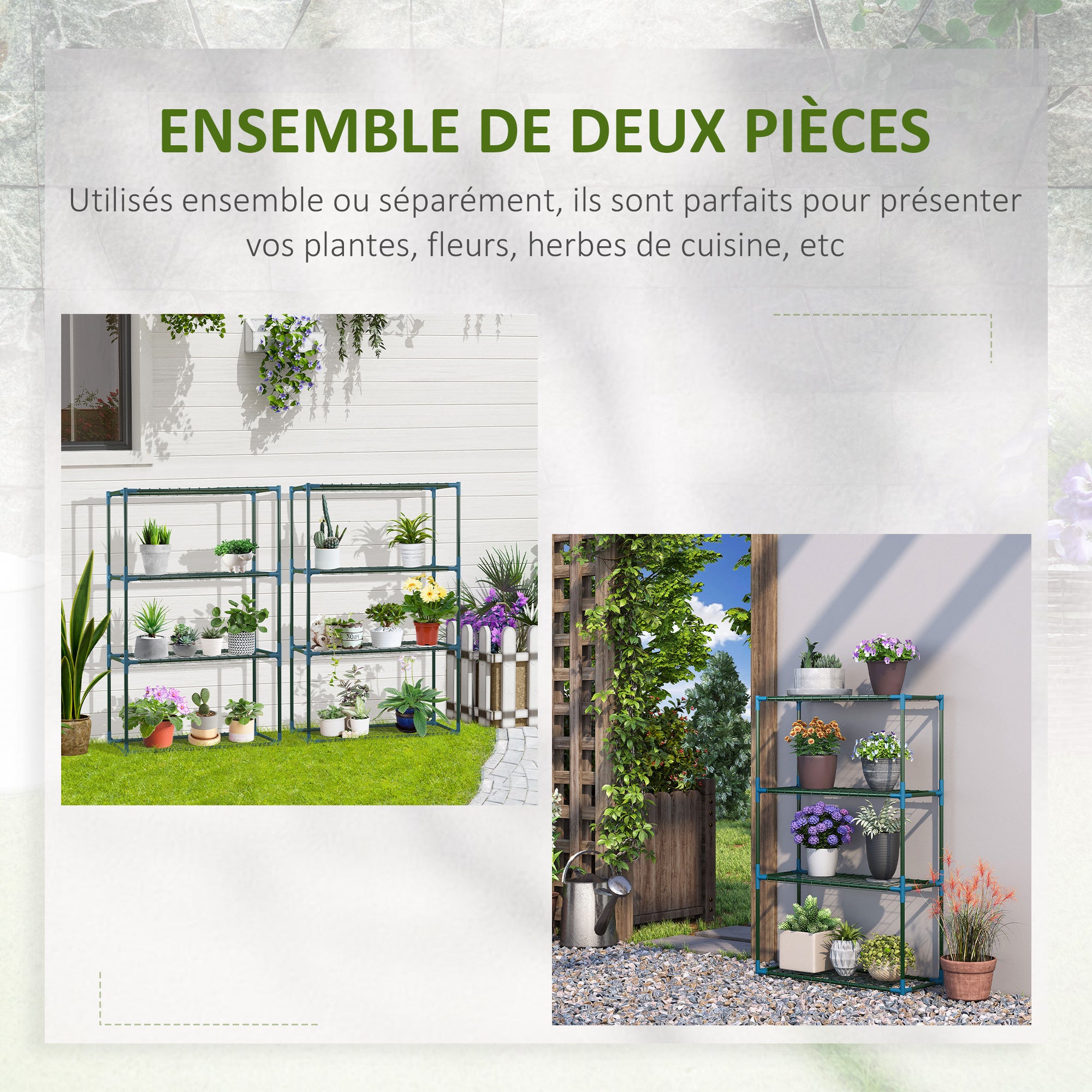 Lot de 2 Étagères à Fleurs en acier 4 Niveaux Intérieur et Extérieur. support de plantes 70 x 27 x 110 cm. vert - 6