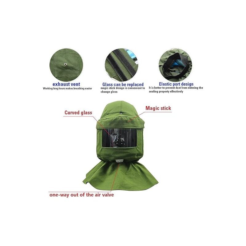 Cloche de sablage écharpe de sablage housse coupe-vent anti-sablage outil anti-poussière masque toile verte + capuchon de protection - 3