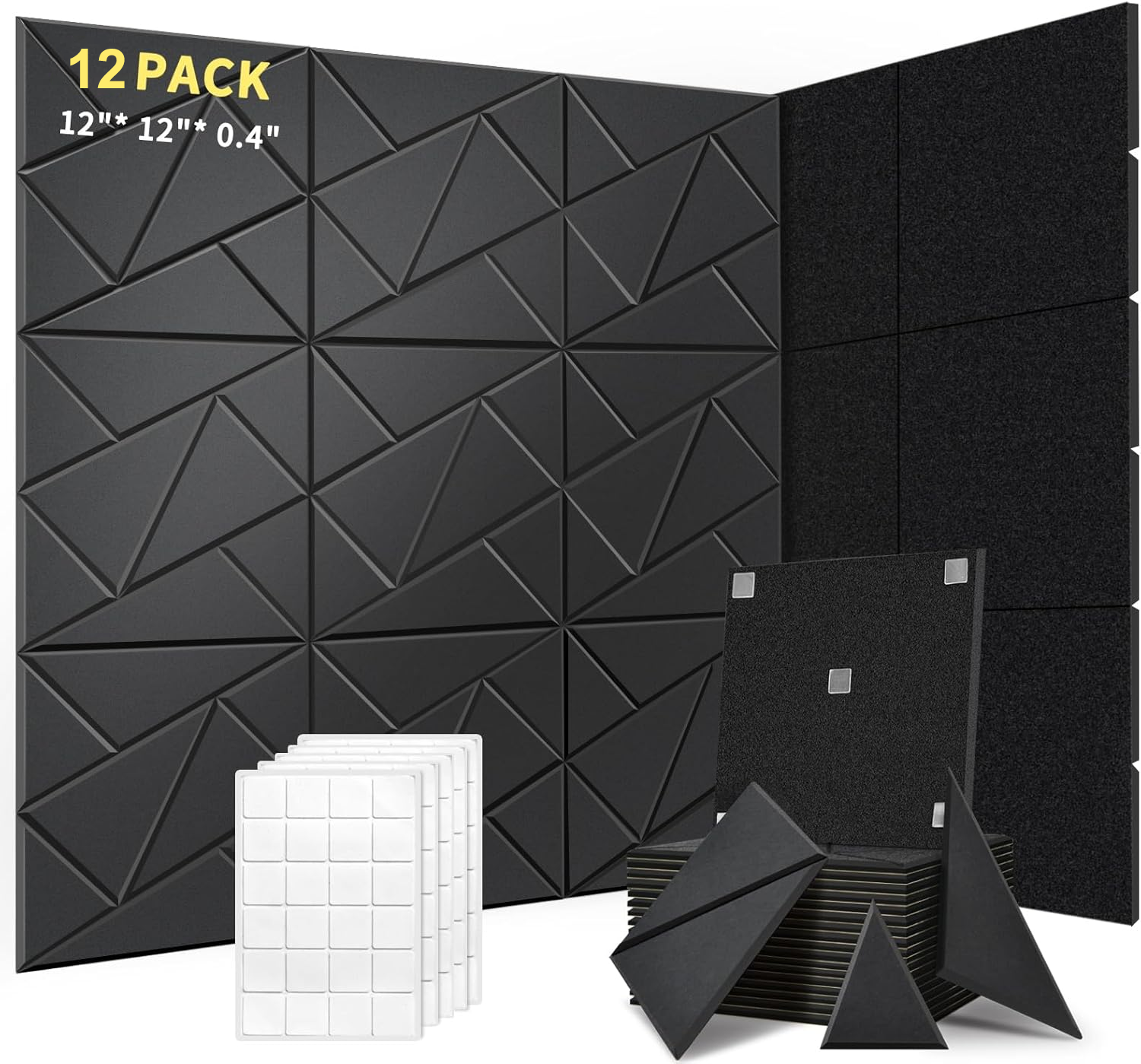 Zestaw 12 samoprzylepnych paneli akustycznych, wyściółka dźwiękochłonna z poliestru, panele ścienne o wysokiej gęstości, 30 x 30 x 1 cm, czarne