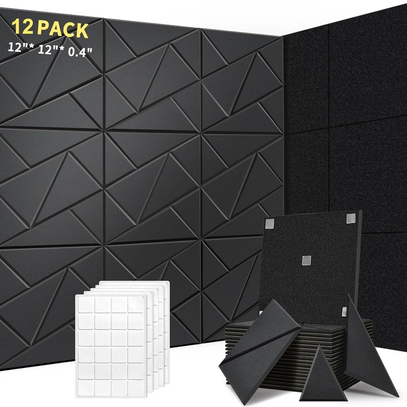 Zestaw 12 samoprzylepnych paneli akustycznych, wyściółka dźwiękochłonna z poliestru, panele ścienne o wysokiej gęstości, 30 x 30 x 1 cm, czarne